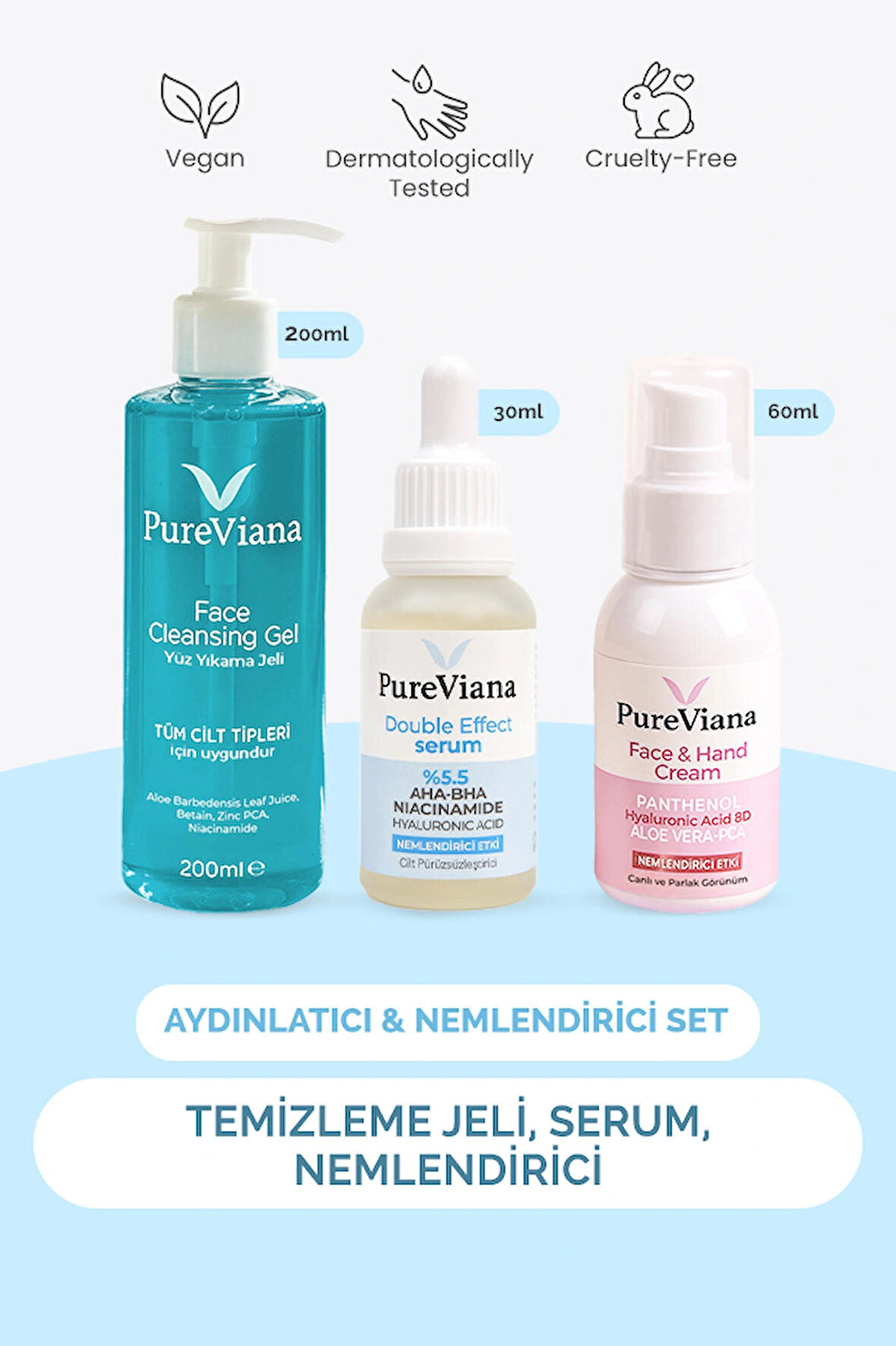 Aydınlatıcı & Nemlendirici Cilt Bakım Seti – 3’lü – Temizleme, Serum, Nemlendirici