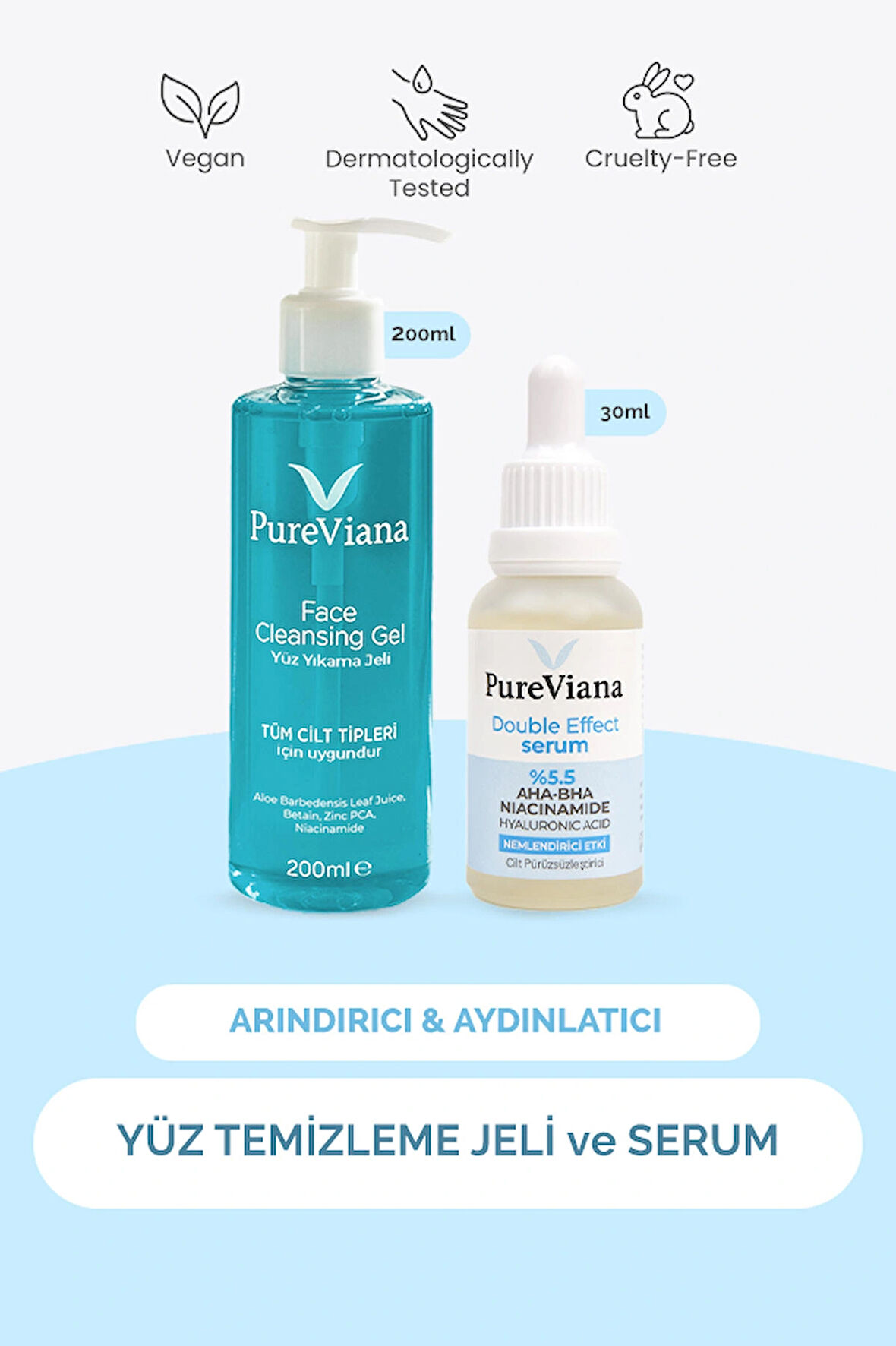 Arındırıcı & Aydınlatıcı Cilt Bakım Seti – 2’li – Yüz Temizleme Jeli ve Serum