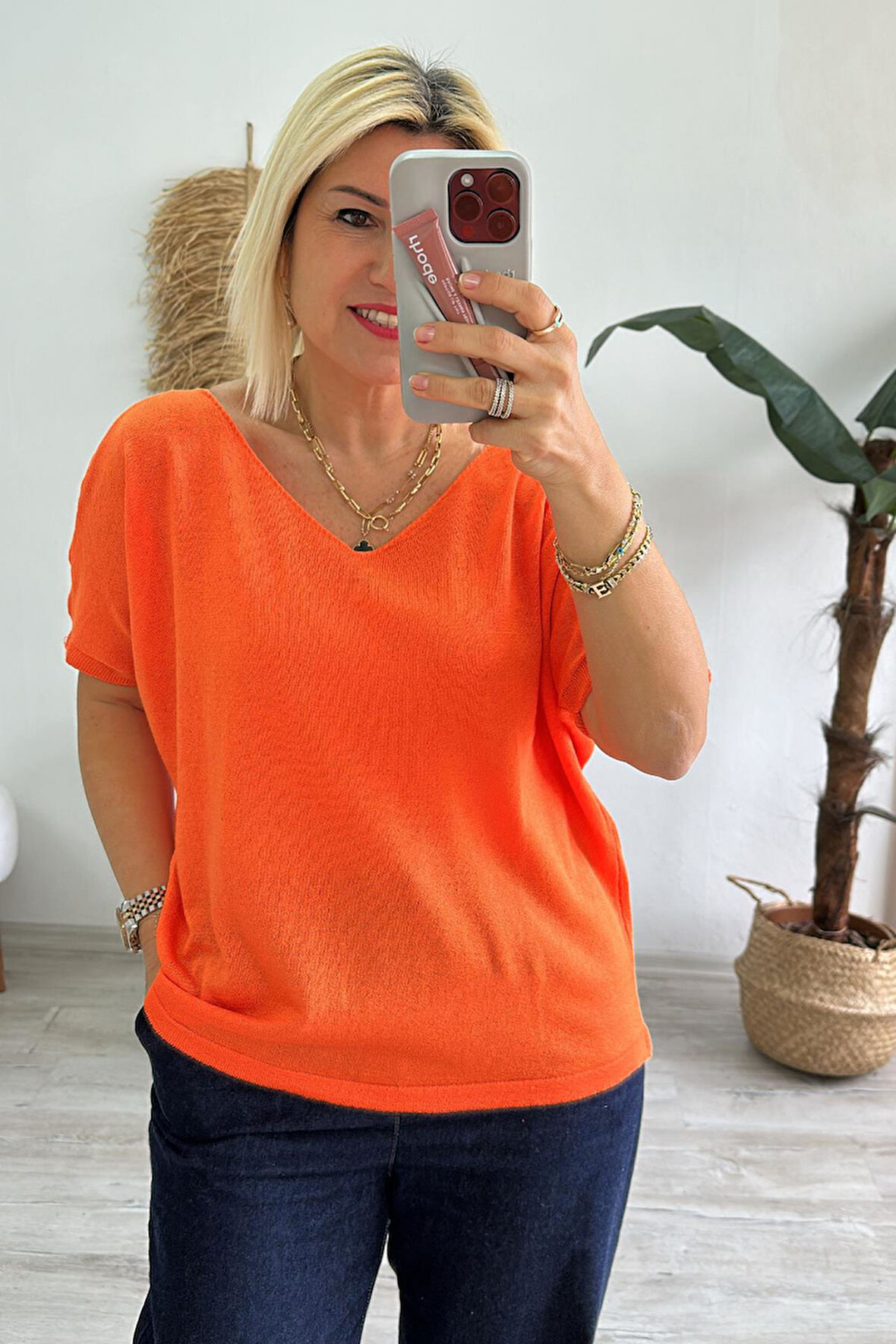 Orange V Yaka Mevsimlik İnce Triko