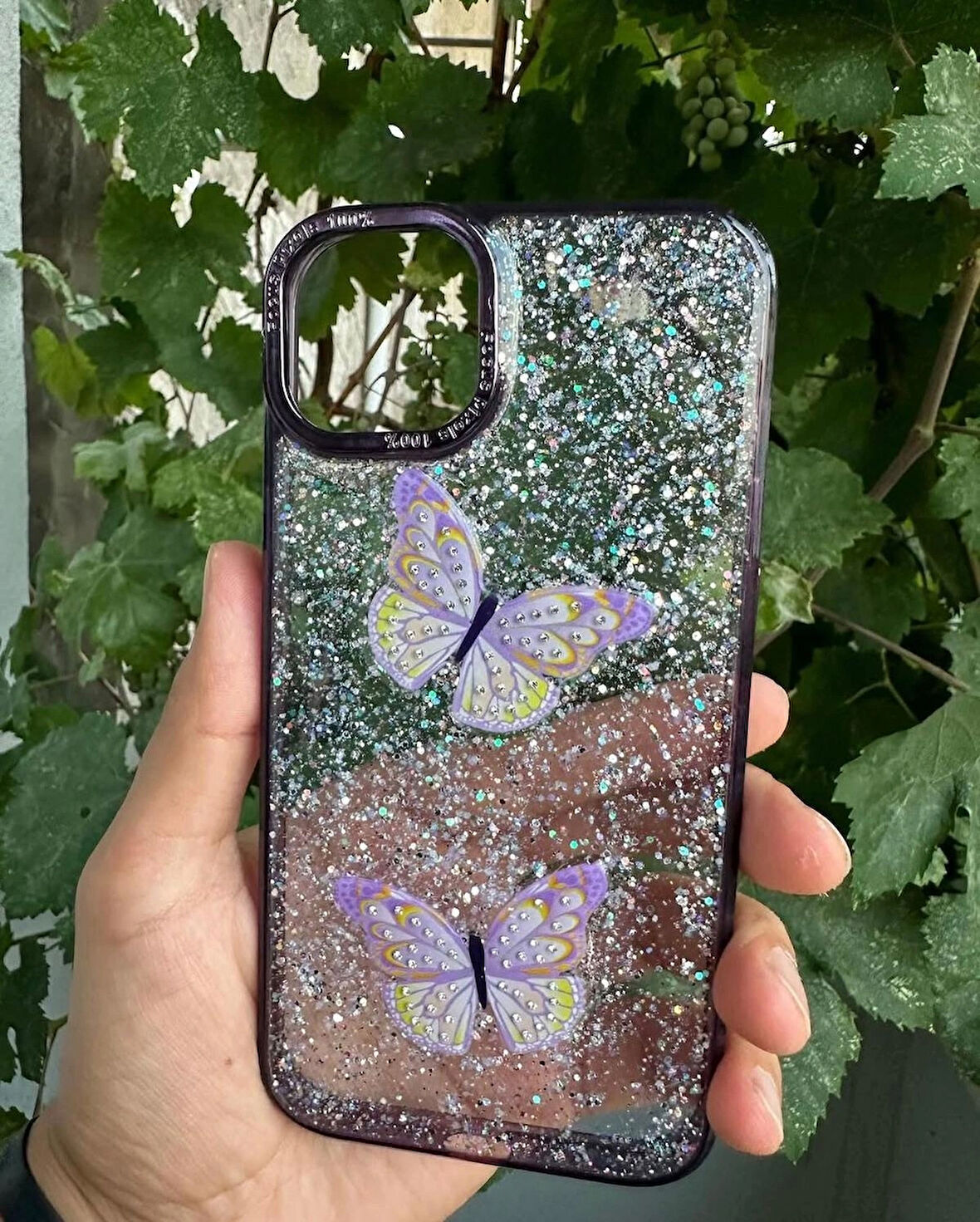 Apple iPhone 13 Pro Max Uyumlu Taşlı Simli Kelebekli Kılıf