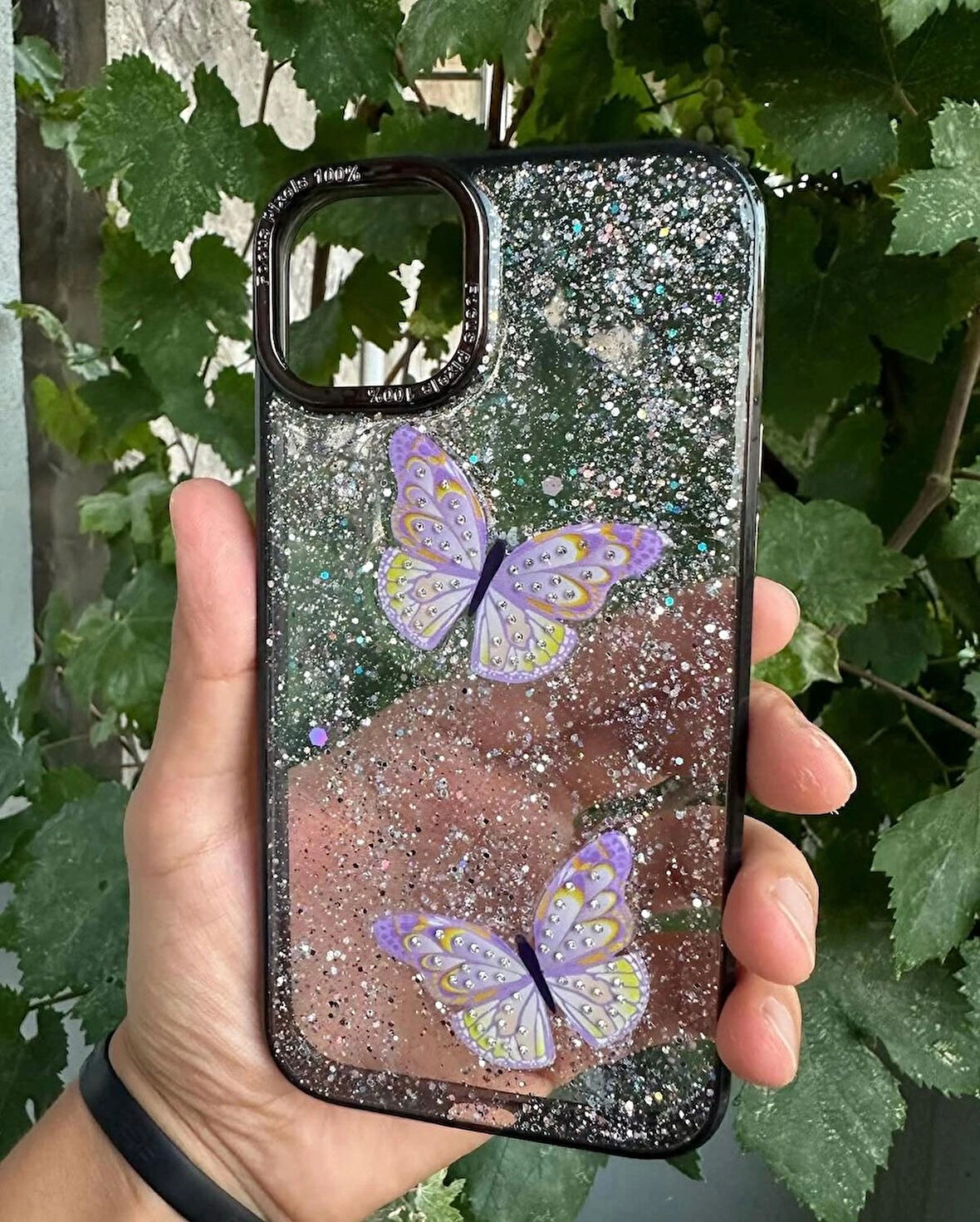Apple iPhone 13 Pro Max Uyumlu Taşlı Simli Kelebekli Kılıf