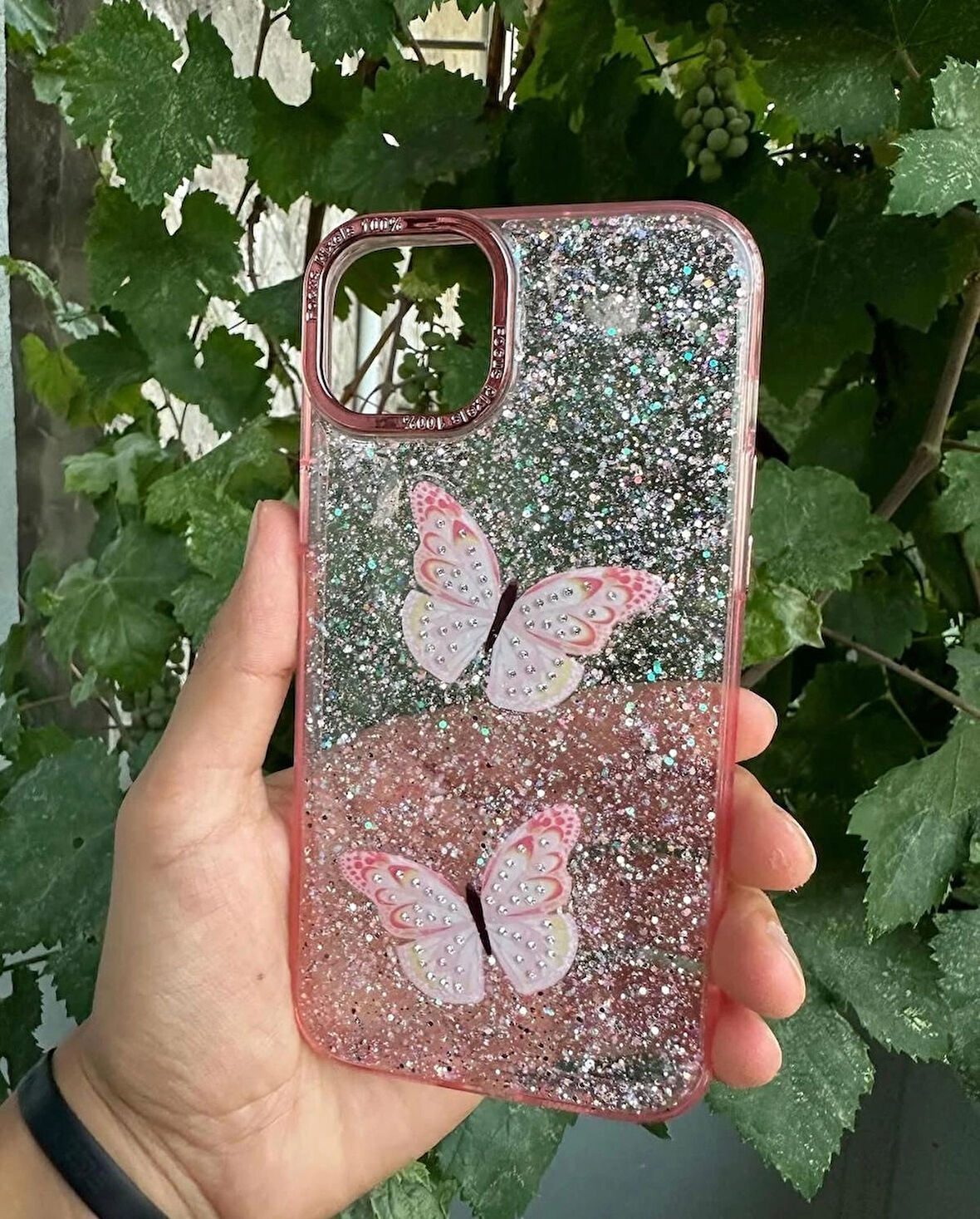 Apple iPhone 15 Uyumlu Taşlı Simli Kelebekli Kılıf