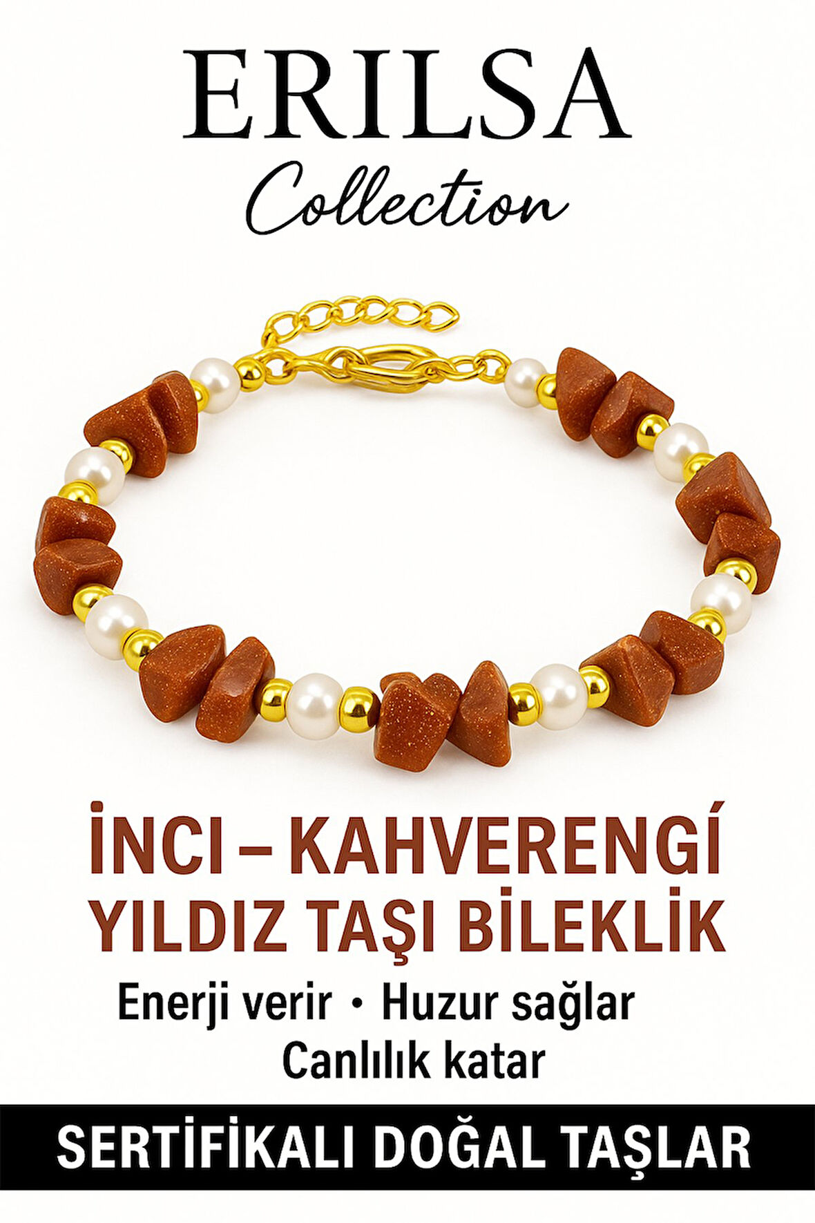 Sertifikalı Kırık Taşlı Model İnci – Kahverengi Yıldız Taşı Bileklik – Koruma ve Şans Enerjisi