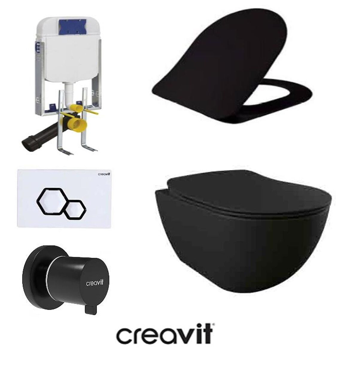 Creavit GR5001- FE322 5 Parça Siyah Mat Asma Klozet Gömme Rezervuar Seti Kanalsız