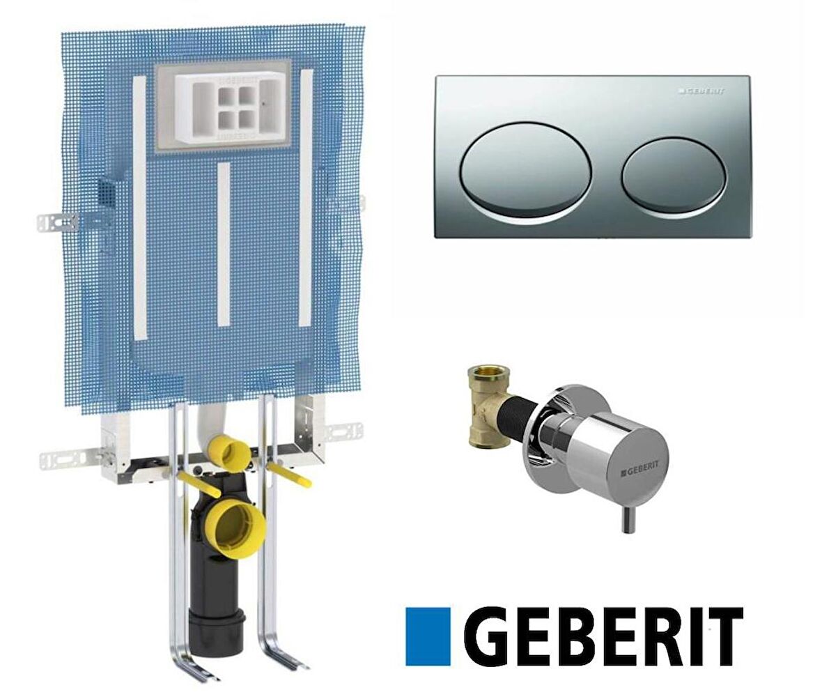 Geberit Alpha 8 cm Gömme Rezervuar + P.Krom Buton + Ara Kesme Valf 3 Parça Set