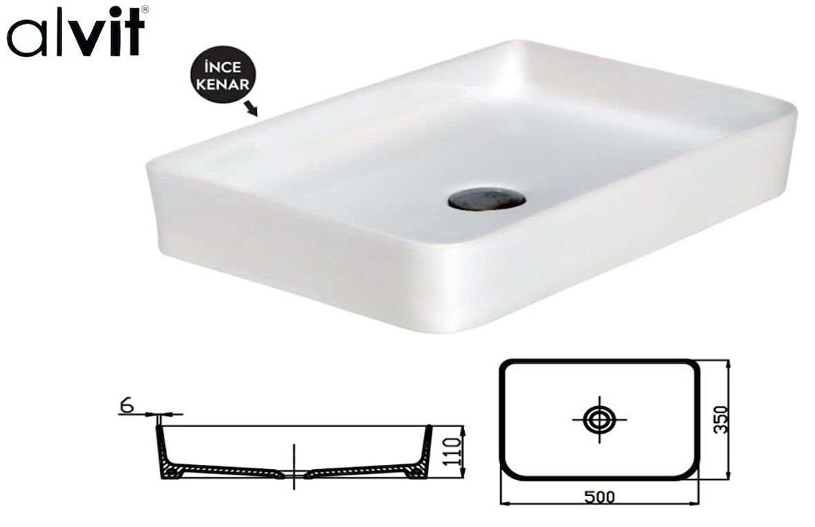 ALVİT Smart Slim Tezgah Üstü Setüstü Lavabo 35*50 Cm