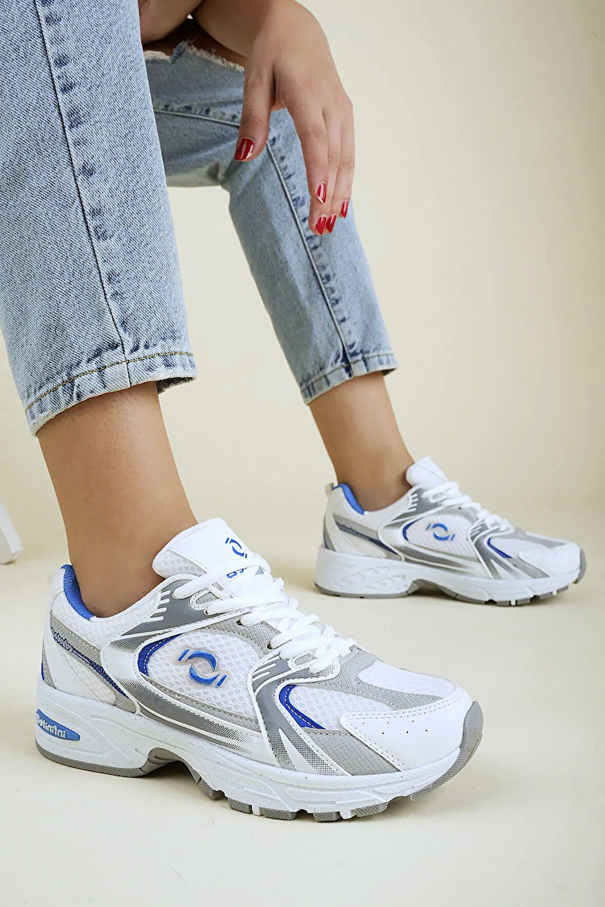 ULTRAONE Bağcıklı Ortopedik Unisex Kadın Spor Yürüyüş Ayakkabı - Beyaz Mavi