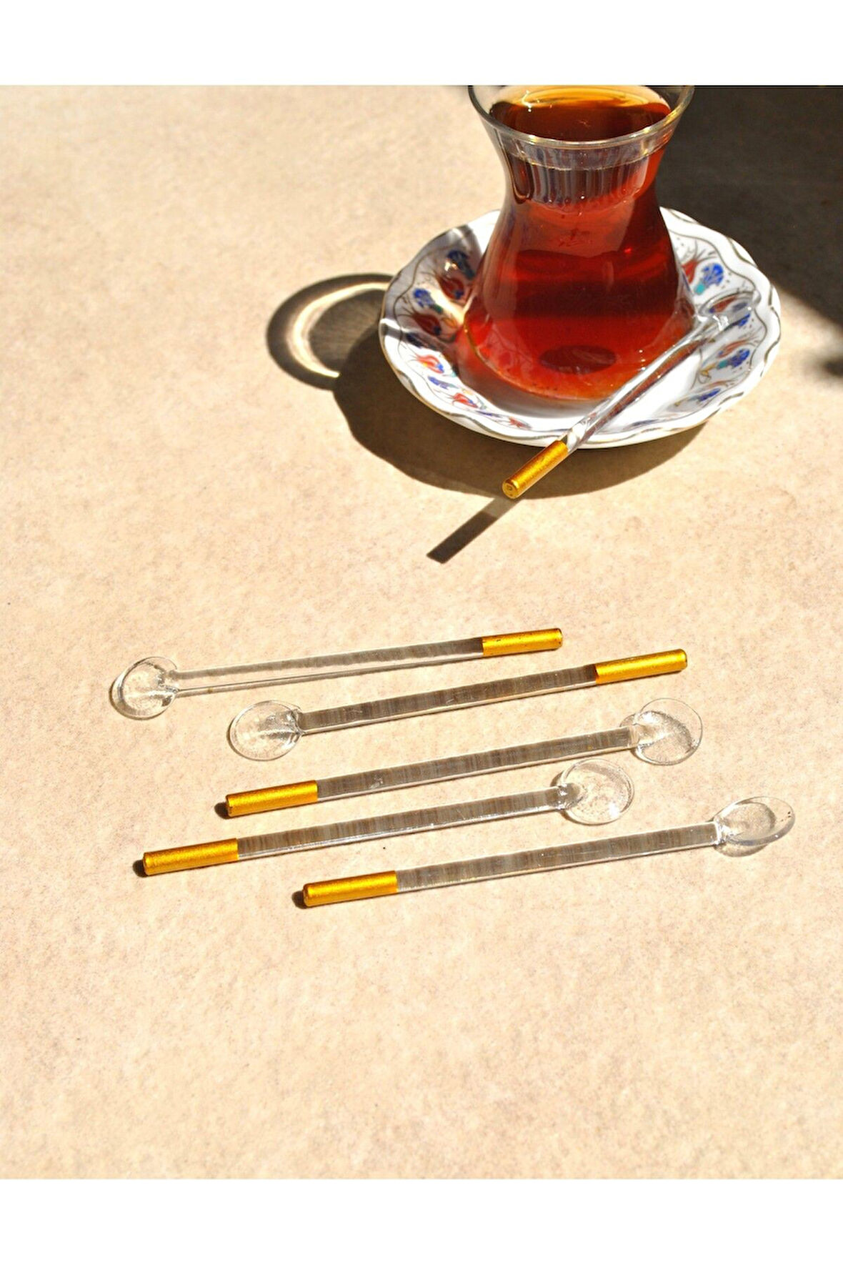 6'Lı Cam Çay Kaşığı Varaklı Gold Çay Kaşık Düz Simli