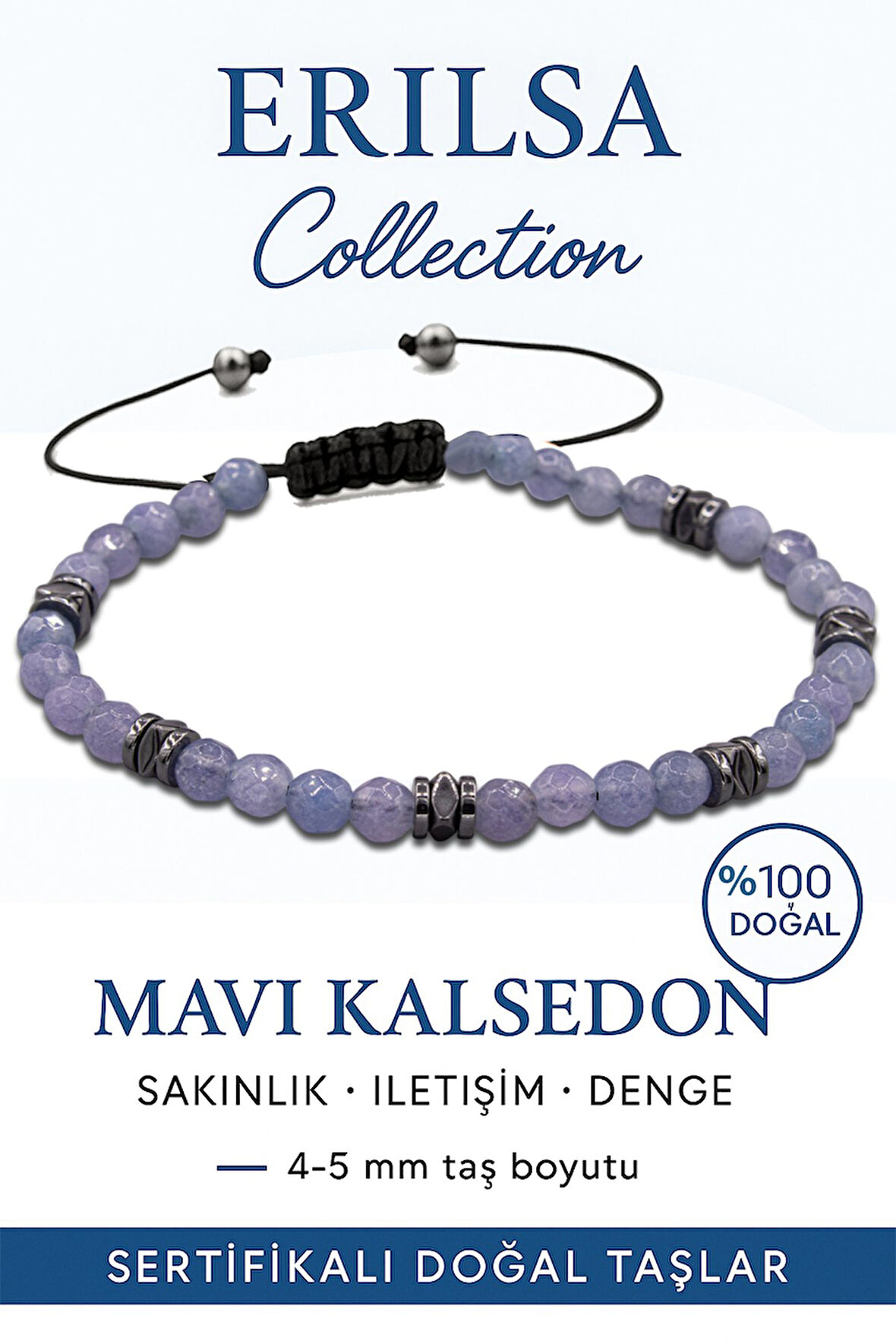 Sertifikalı Fasetli Terahertz – Mavi Kalsedon Taşı Bileklik (İnce Model) – İletişim, Sakinlik ve Ruhsal Denge Taşı