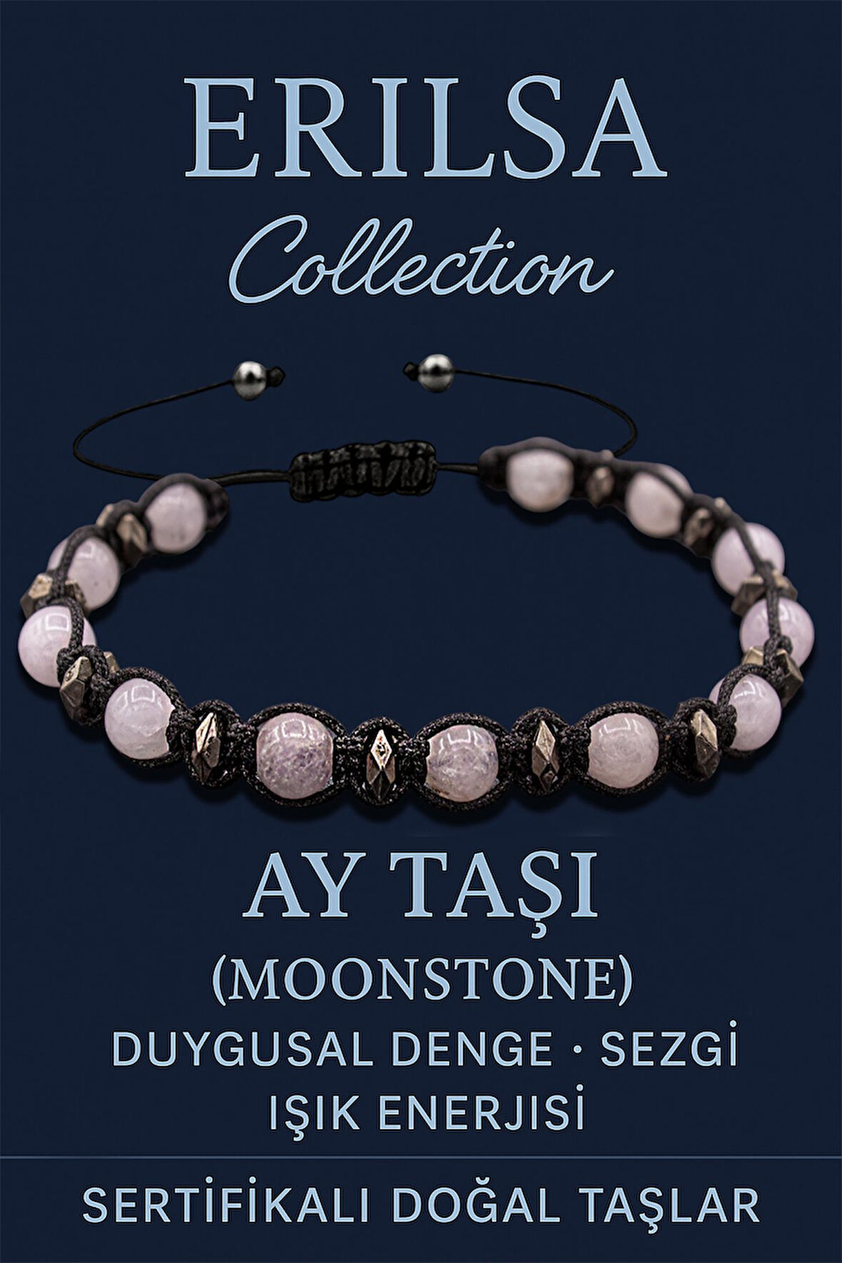 Sertifikalı 6 mm Makrome Terahertz & Ay Taşı Bileklik – Duygusal Huzur, Sezgi ve Koruma