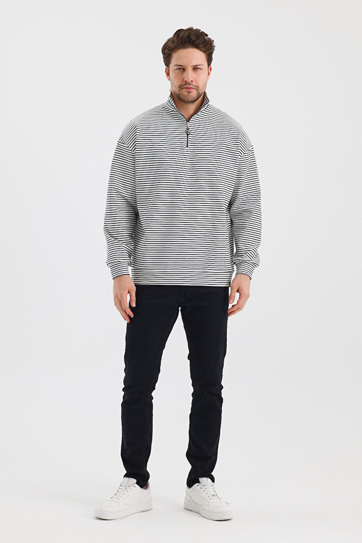 ALEXANDERGARDI ÇİZGİLİ DİK YAKA FERMUARLI COMFORT KALIP SWEATSHIRT (UNI-00247)