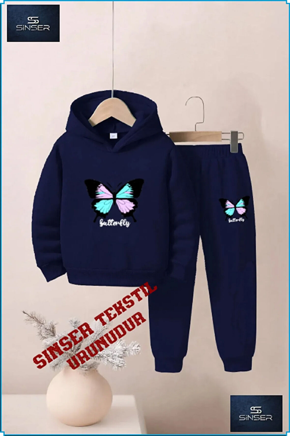 Kapşonlu Çocuk “UNISEX KELEBEK” Baskılı Eşofman Takımı