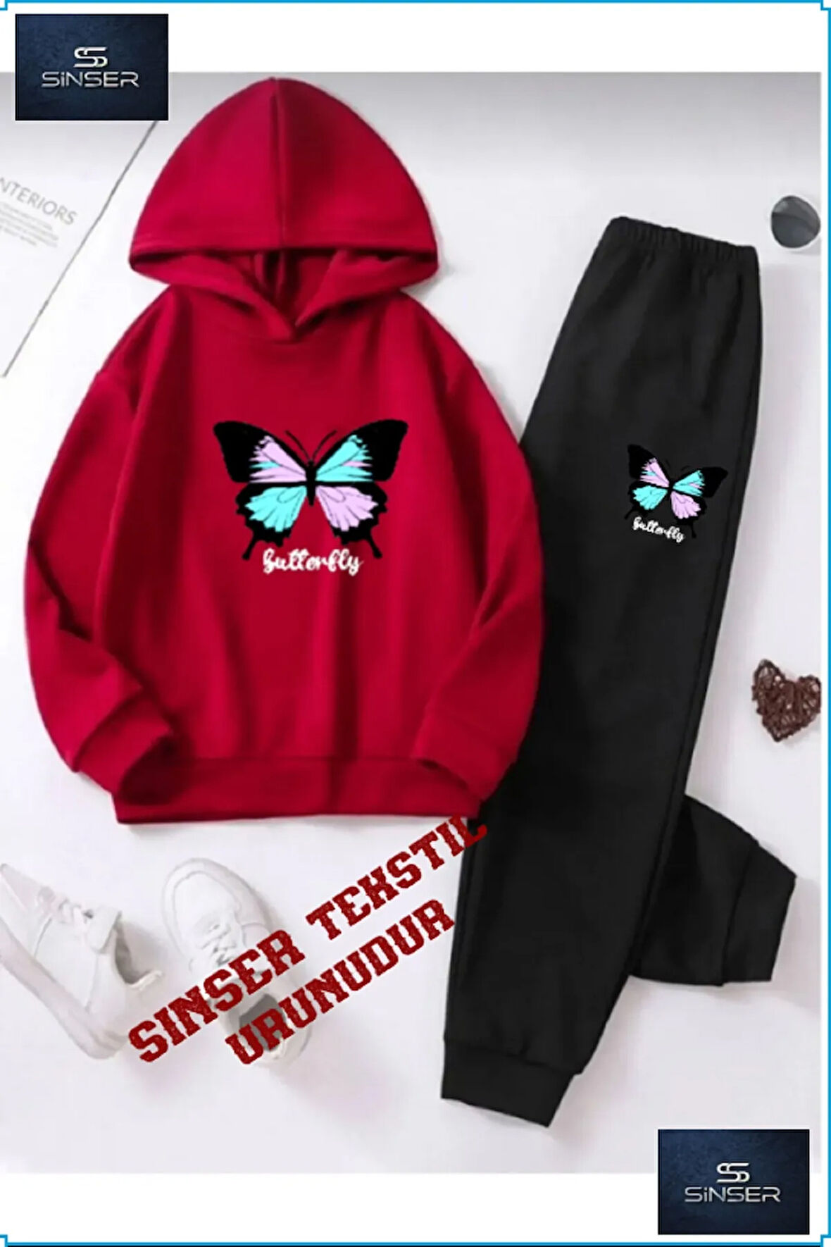 Kapşonlu Çocuk “UNISEX KELEBEK” Baskılı Eşofman Takımı