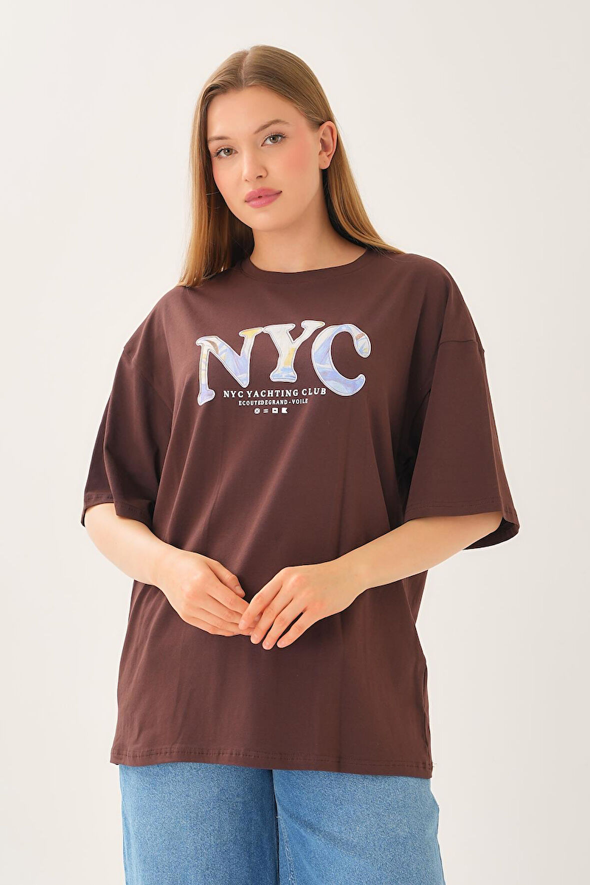 Geniş Kalıp Bisiklet Yaka Baskılı Kısa Kollu T-Shirt