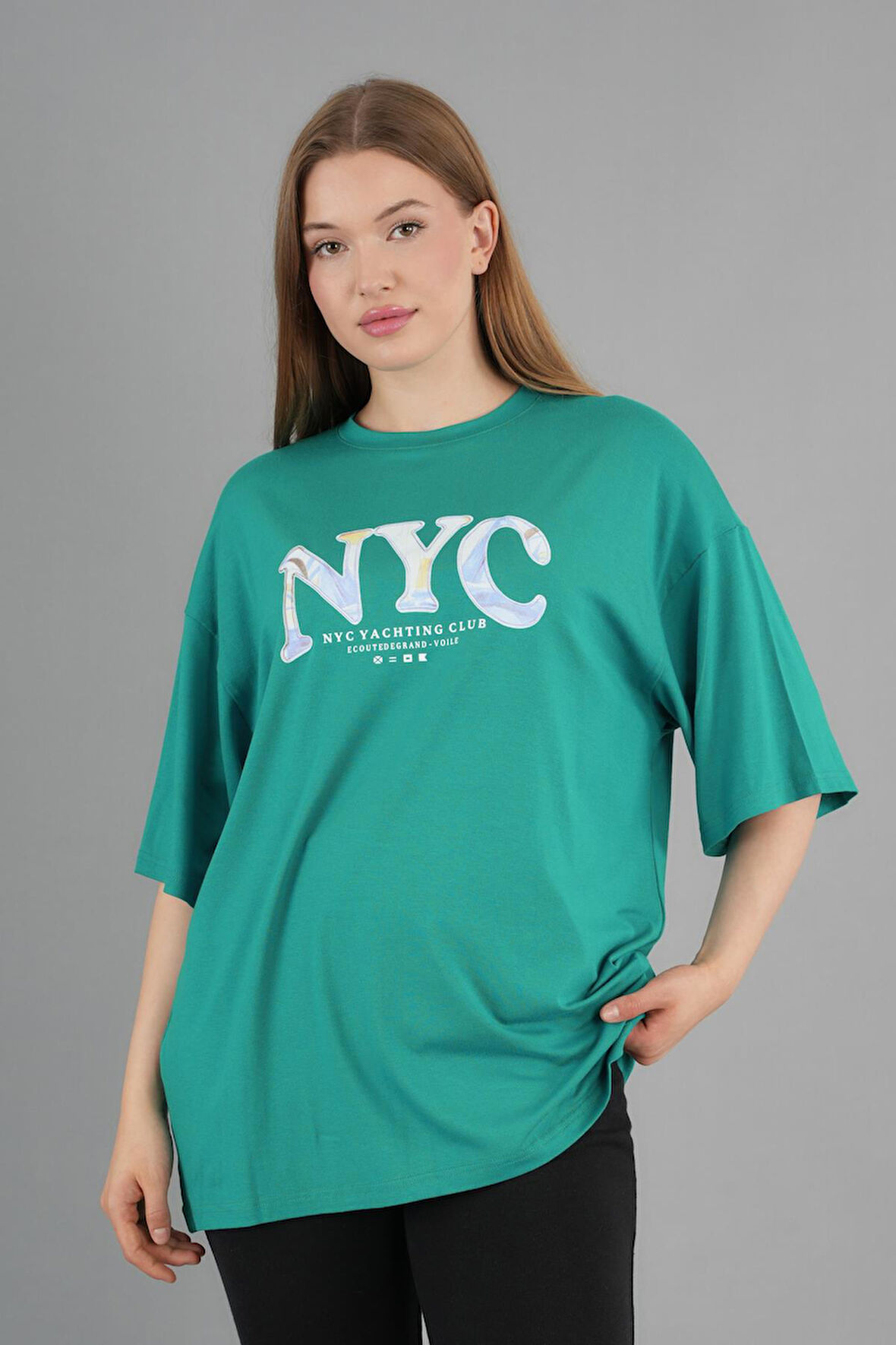 Geniş Kalıp Bisiklet Yaka Baskılı Kısa Kollu T-Shirt