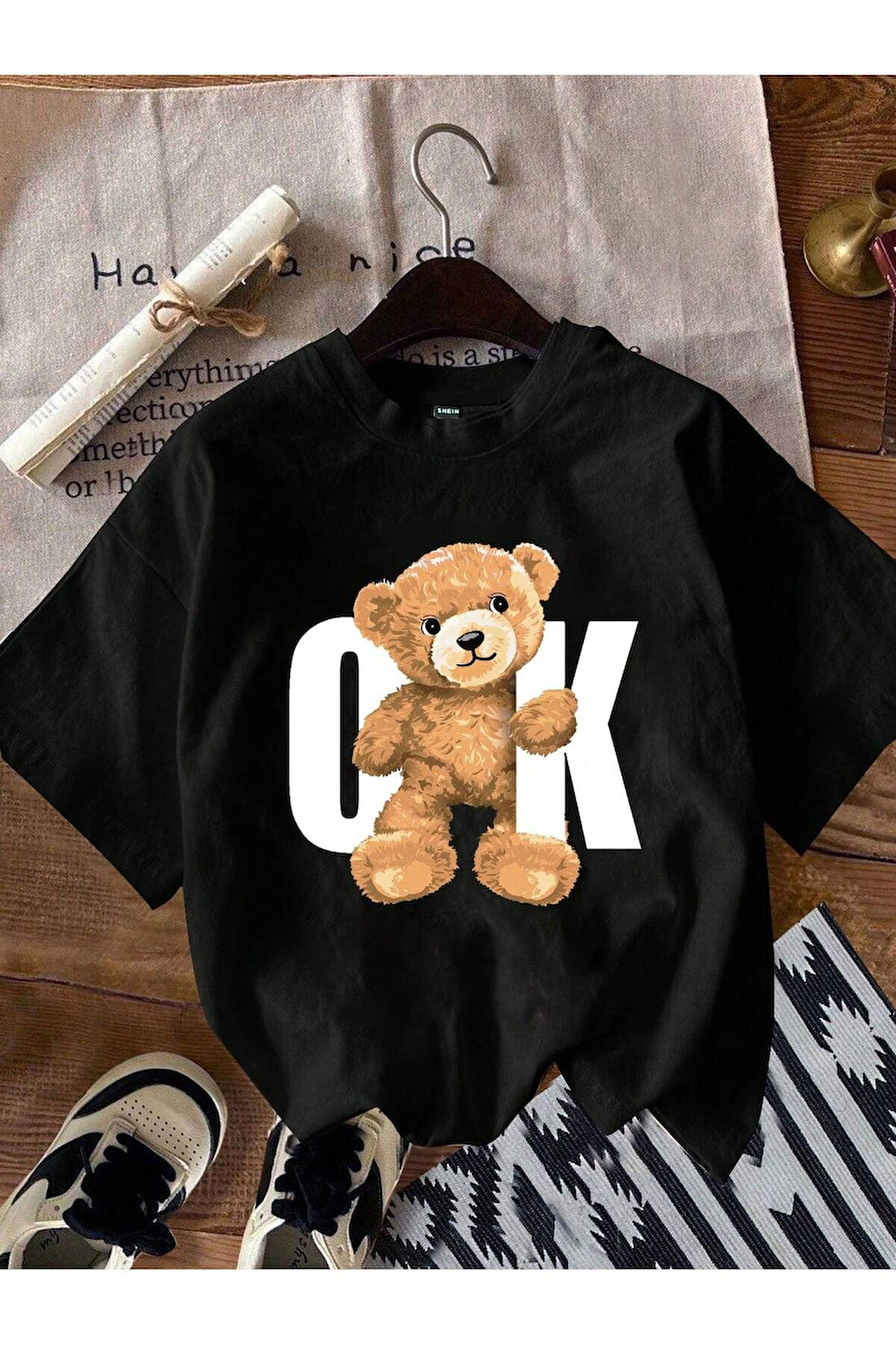 Unisex OK Ayı Baskılı Oversize T-Shirt