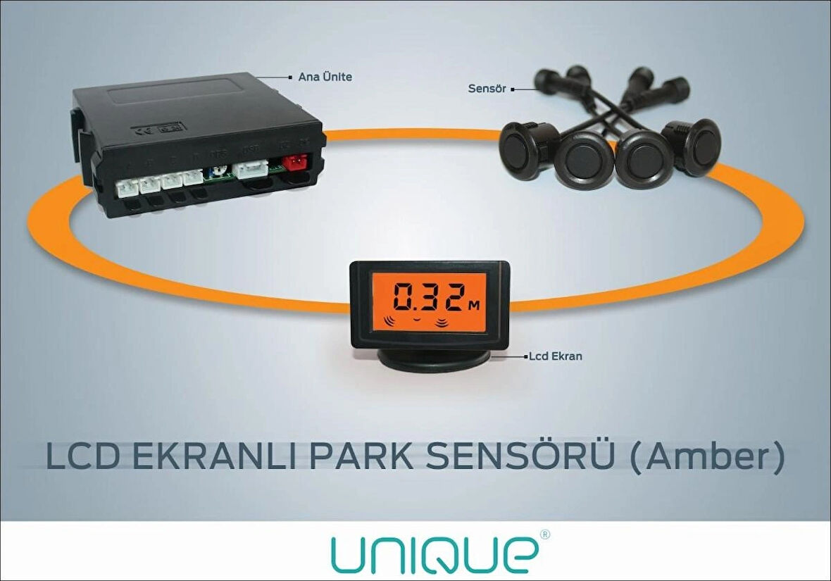 Unıque ® Upc 224 Lcd Amber ( Turuncu ) Ekranlı Siyah Gözlü Park Sensörü