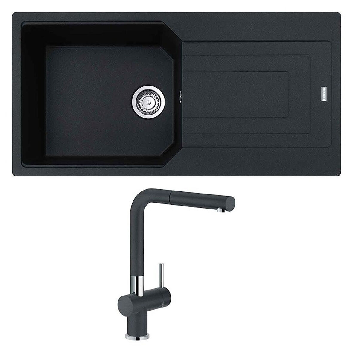 Franke UBG 611-100 Granit Nero Evye, Active Plus Doccia Nero Armatür