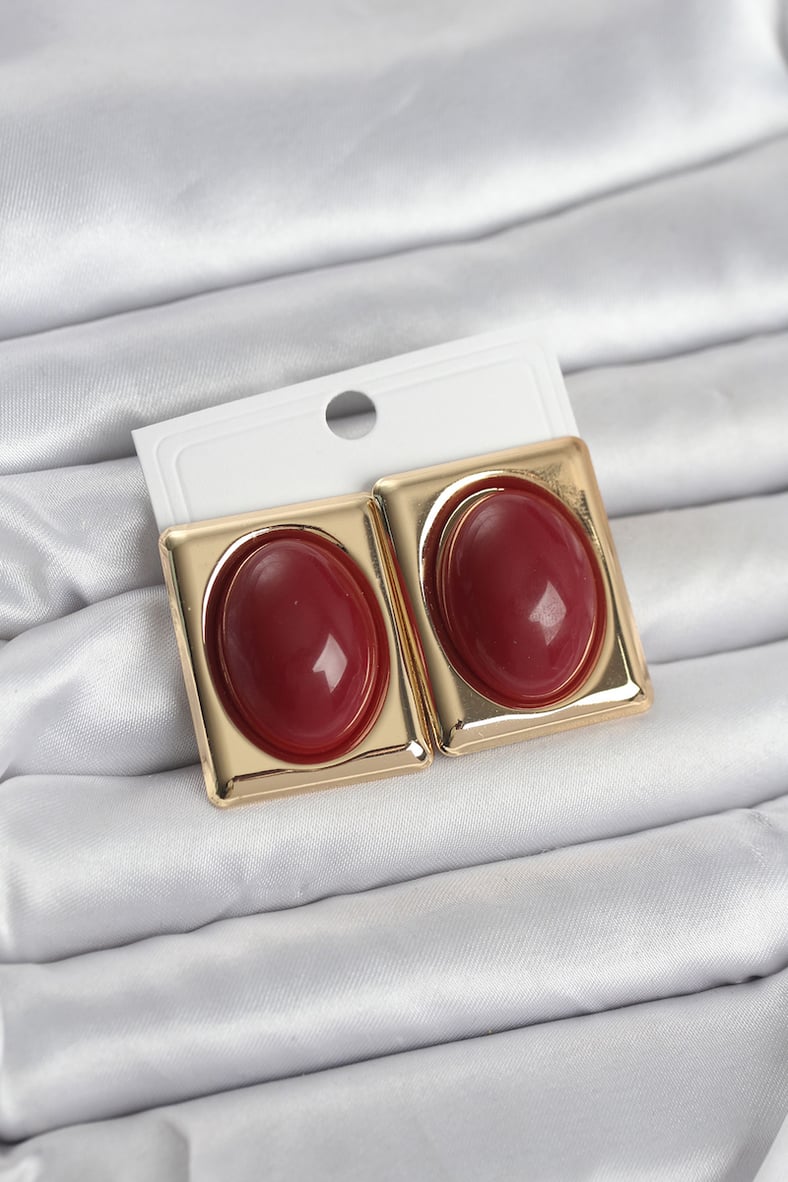 Bordo Kare Model Vintage Gold Renk Kadın Küpe 5886