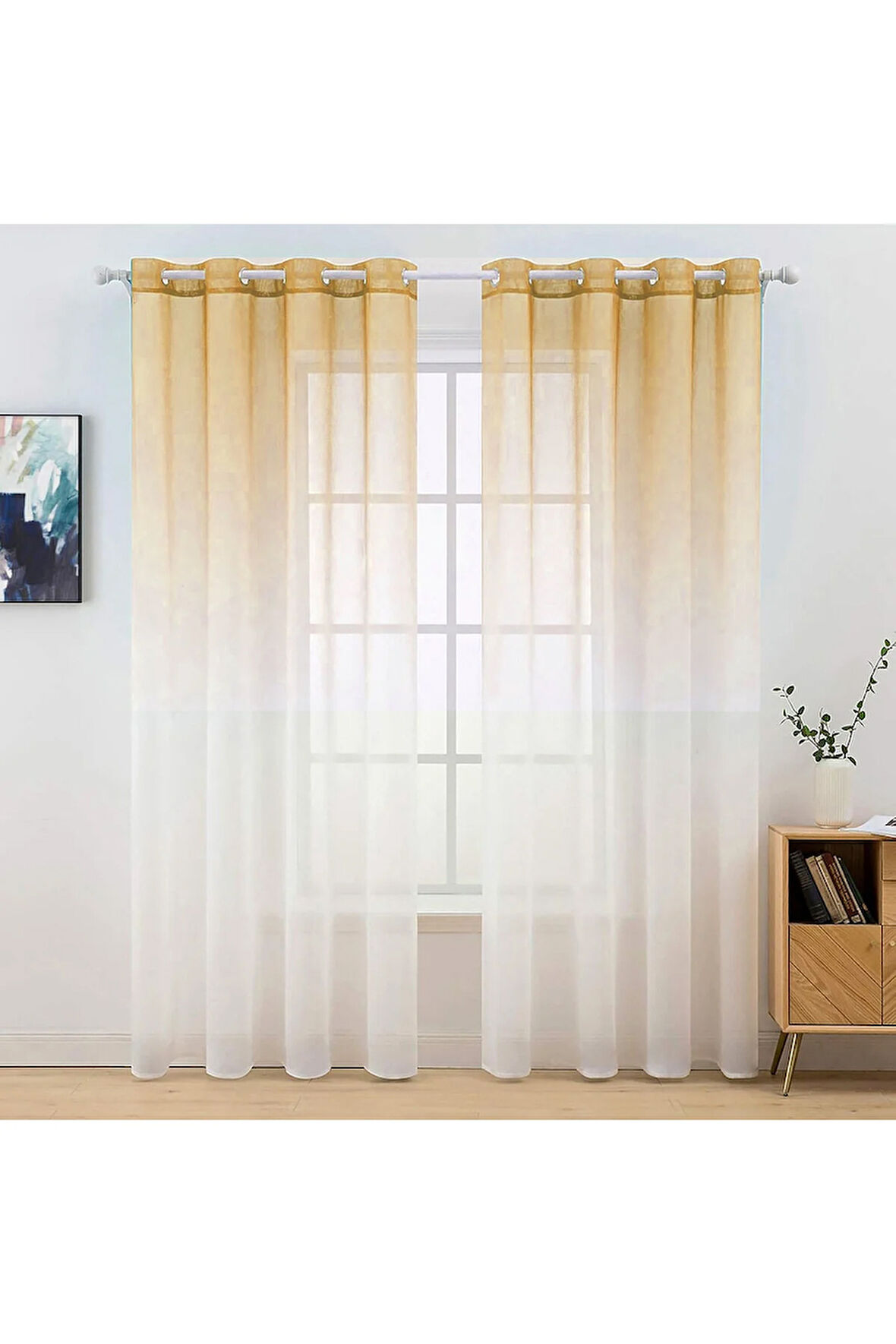 Kavuniçi Sarı Rustik Kuşgözü Tül Perde Degrade Renk Geçişli Tül