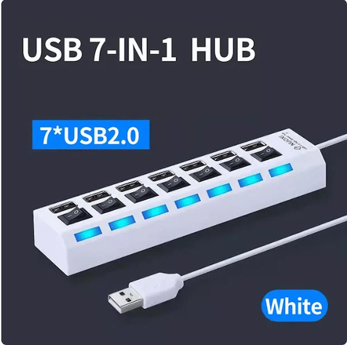 7 Portlu 2.0 Usb  Çoklu Usb Çoklayıcı Splitter Power Tuşlu Adaptör Beyaz