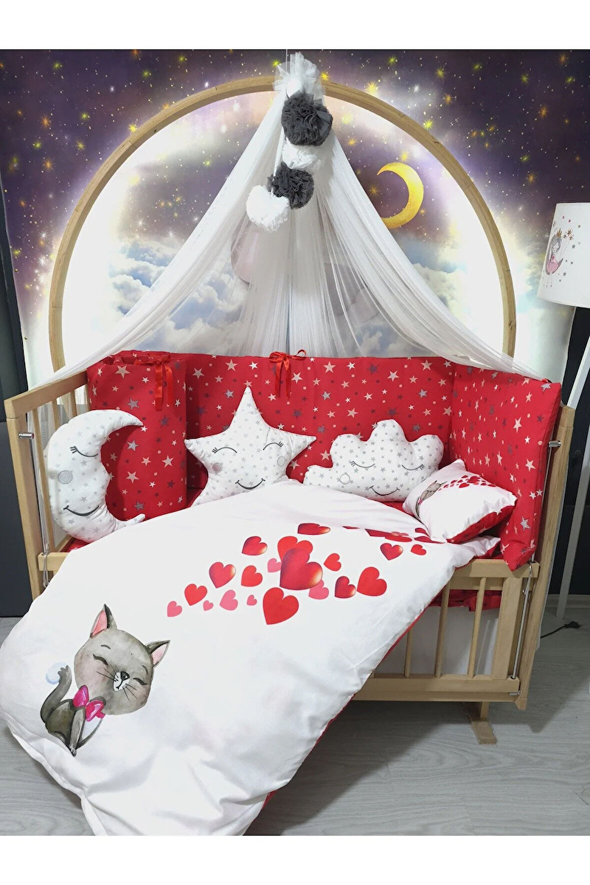 Kedicikli 60x120 Kız Bebek Uyku Seti - Cibinlikli, Aparatlı, Dijital Yorgan ve Yastık