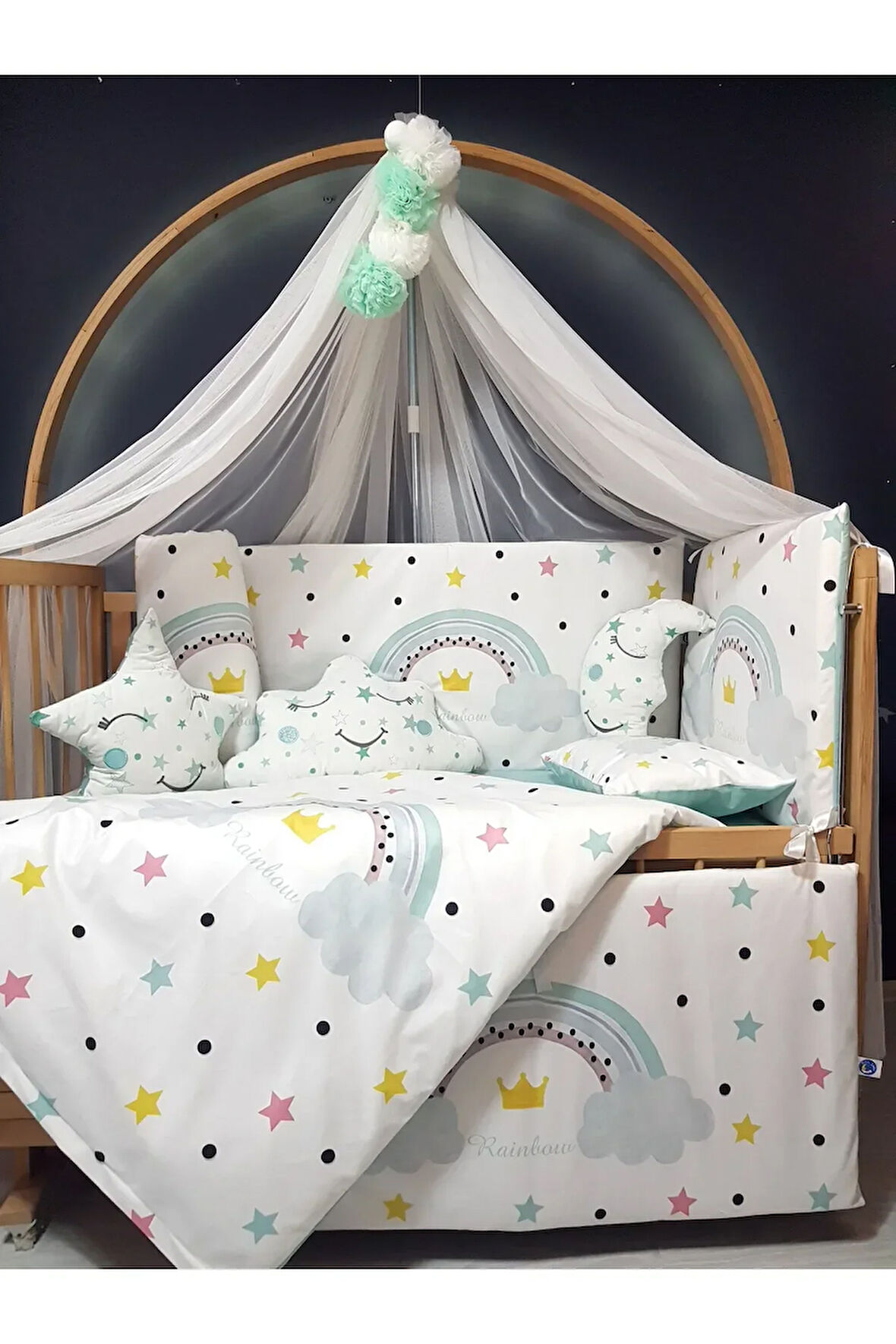 Dijital Baskılı Bebek Uyku Seti 60x120 - Mobilya Beşik Kenar Koruma, Aparatlı ve Ponponlu Cibinlik
