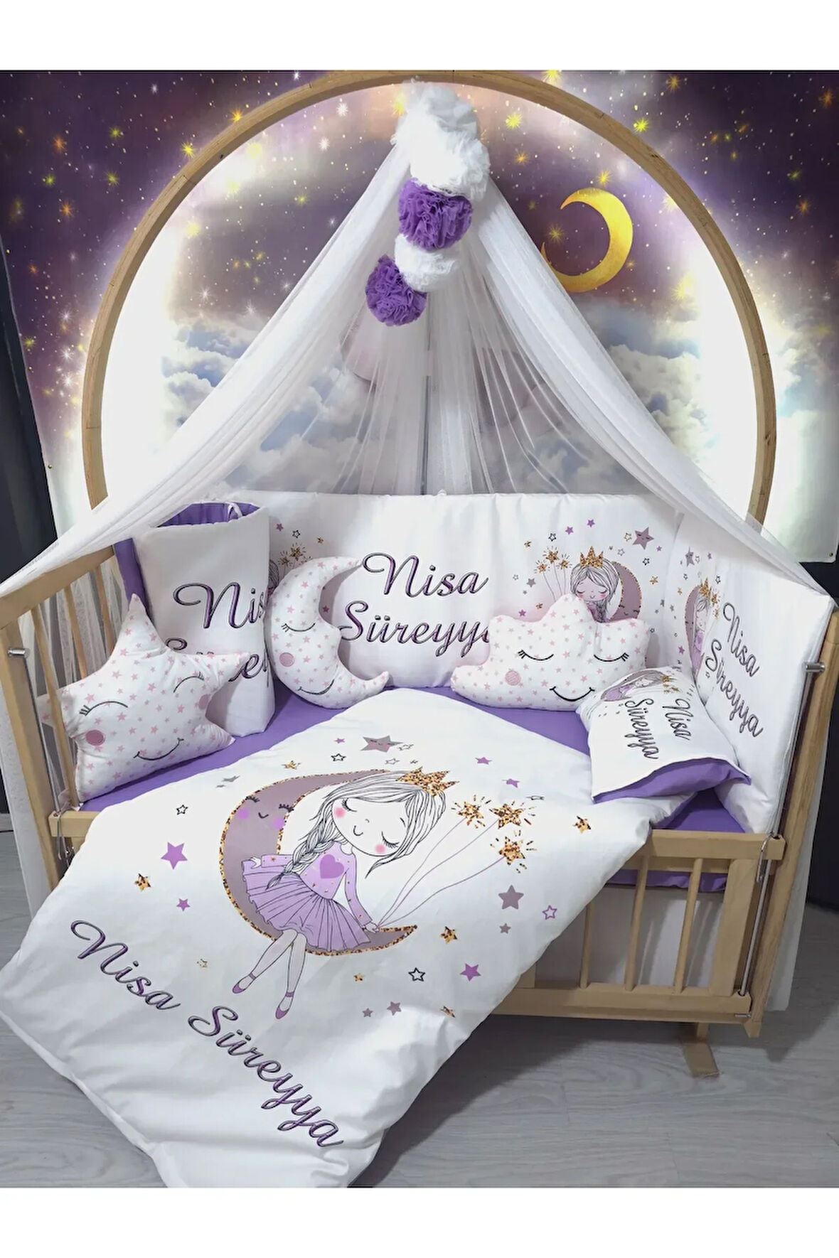 İsimli Dijital Bebek Uyku Seti 60x120 - Mobilya Beşik Kenar Korumalı, Cibinlikli