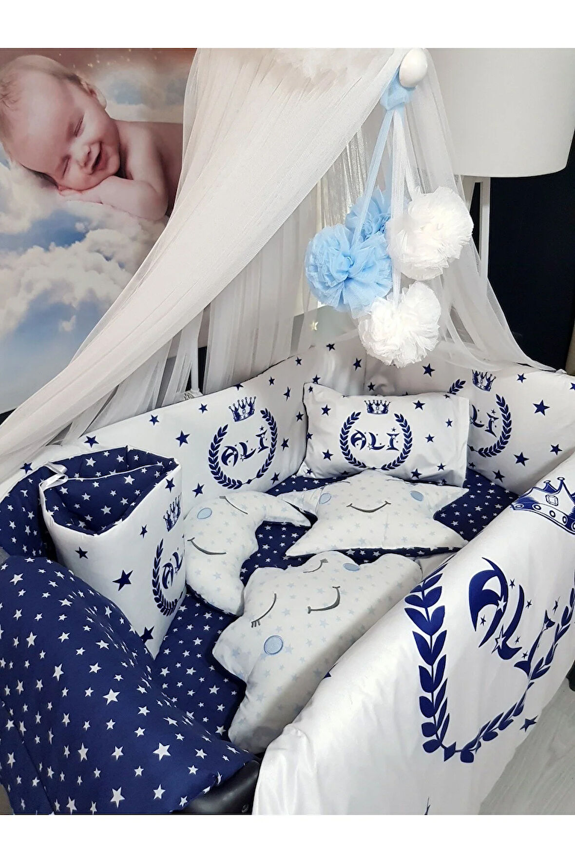 Erkek Bebek Uyku Seti 70x110 - İsimli, Dijital Baskılı, Beşik Kenar Korumalı, Cibinlikli
