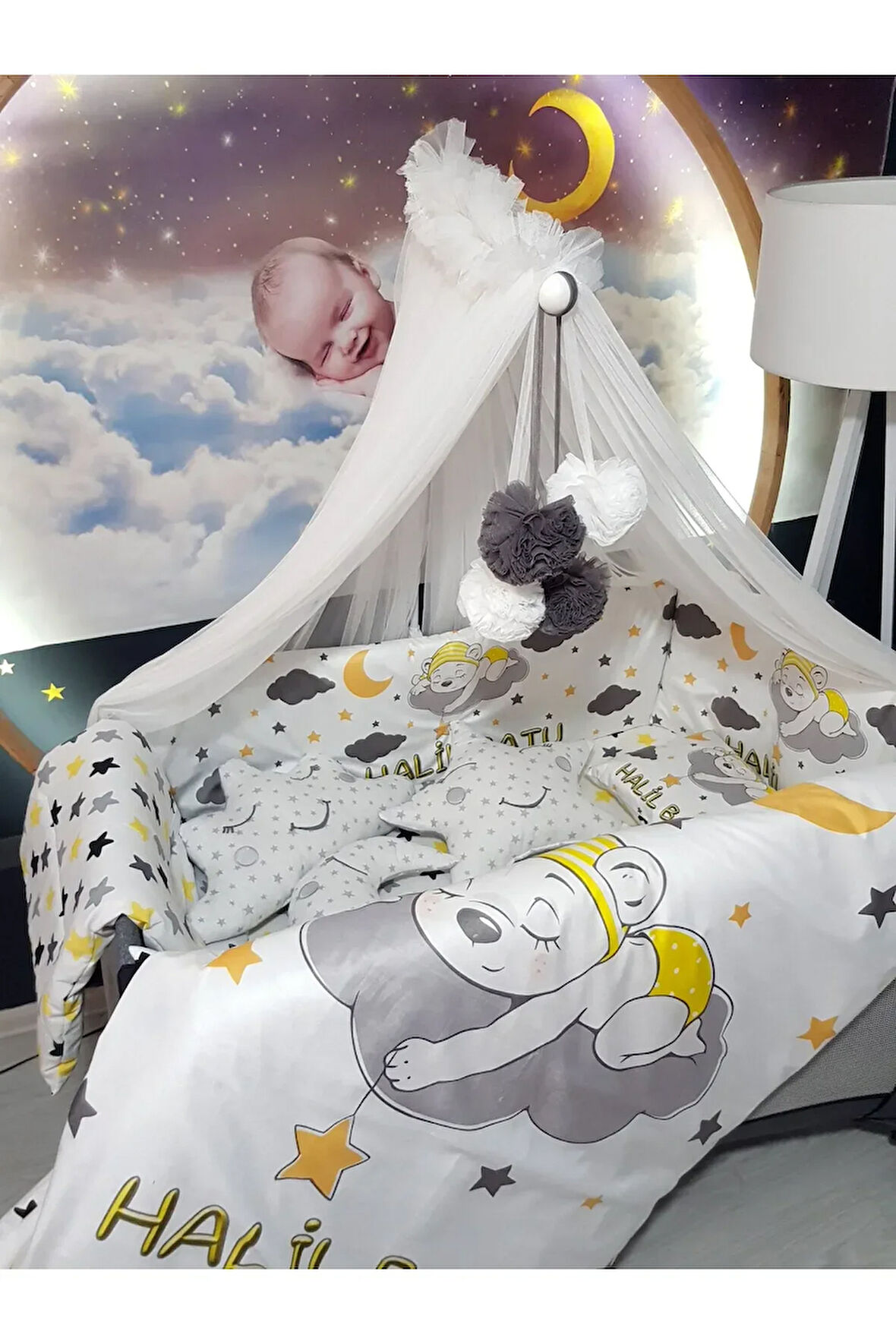 İsimli Bebek Uyku Seti 70x110 - Park Beşik İçin, Cibinlikli, Ayıcık Dijital Baskılı