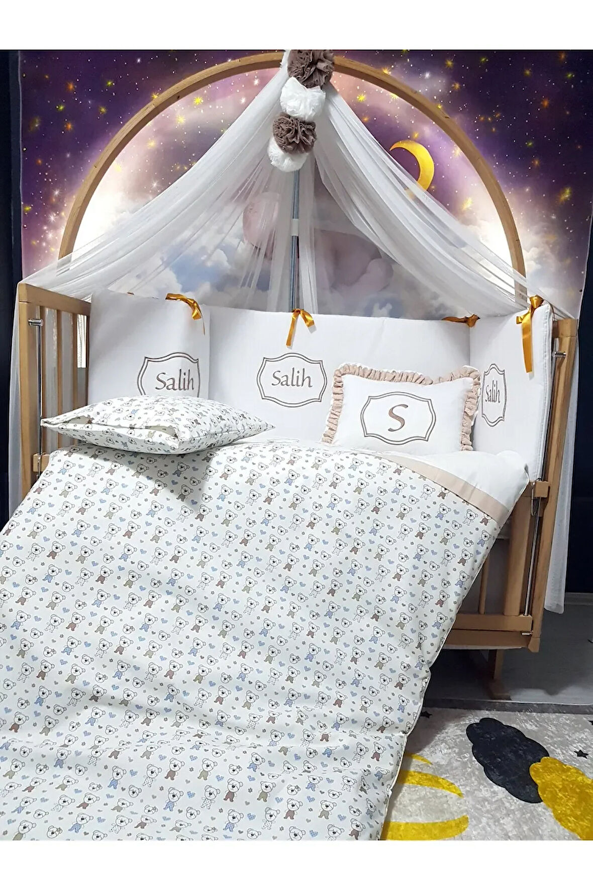 Elit Serisi 60x120 Bebek Uyku Seti Pamuklu - Kahve Ayıcık, Lüks Cibinlikli ve İsim Nakışlı Kırlent