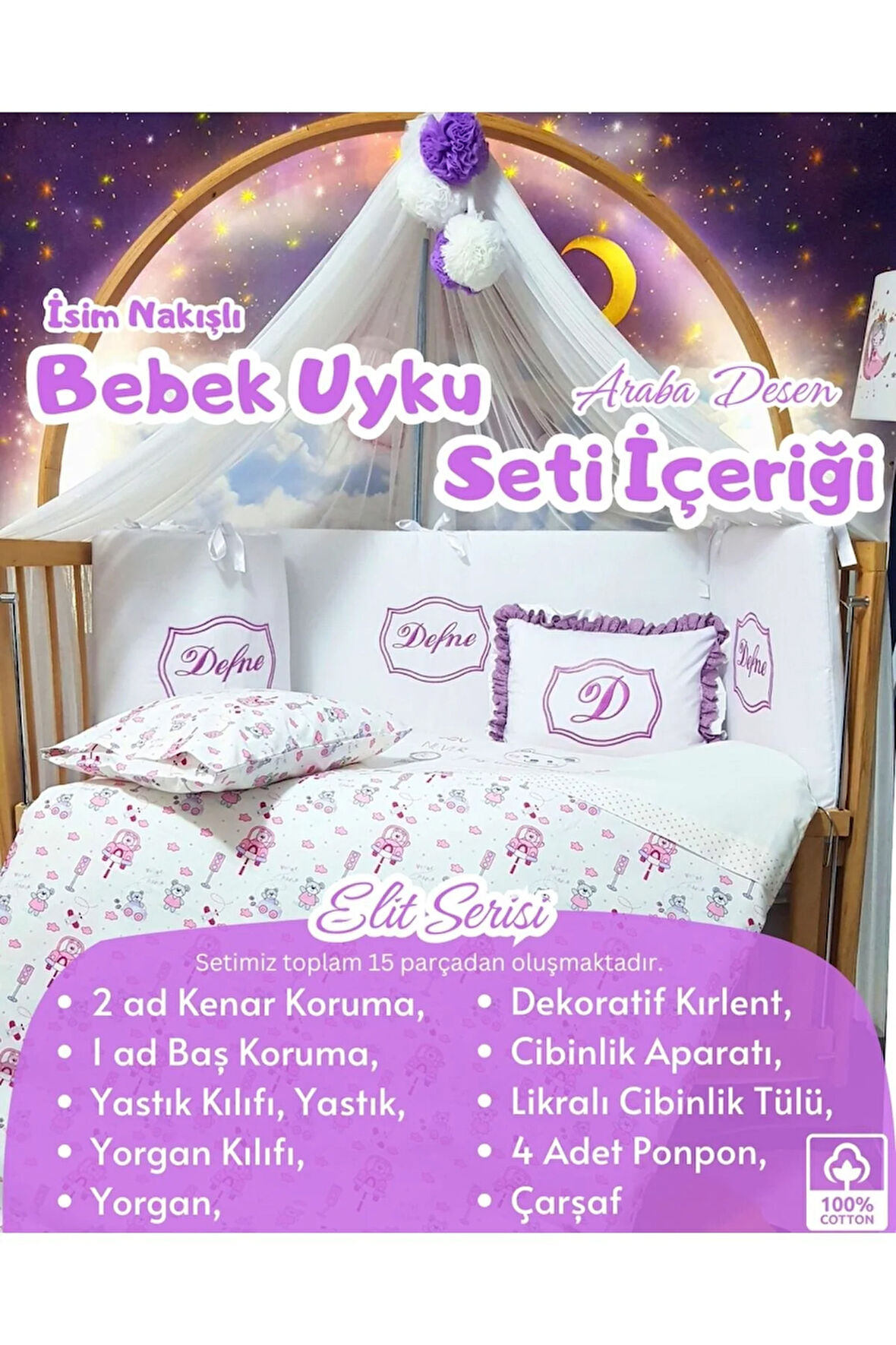 Elit Serisi 60x120 Bebek Uyku Seti Pamuklu - Lila Araba, Likralı Cibinlik Ve İsim Nakışlı Kırlent