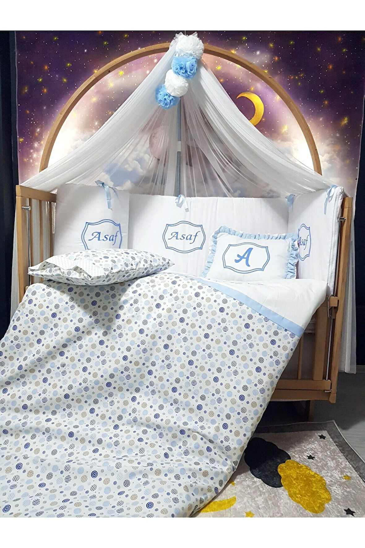 Elit Serisi 60x120 Bebek Uyku Seti Pamuklu - Mavi Daire, Lüks Cibinlikli ve İsim Nakışlı Kırlent