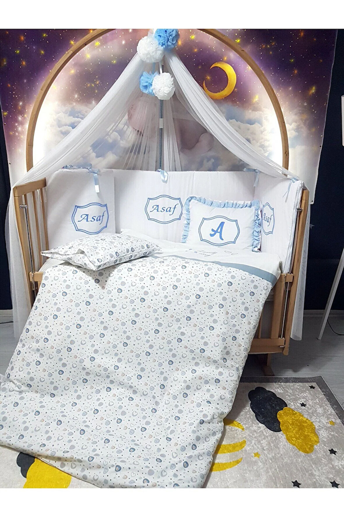 Elit Serisi 60x120 Bebek Uyku Seti Pamuklu - Mavi Kalp, Likralı Cibinlik ve İsim Nakışlı Kırlent