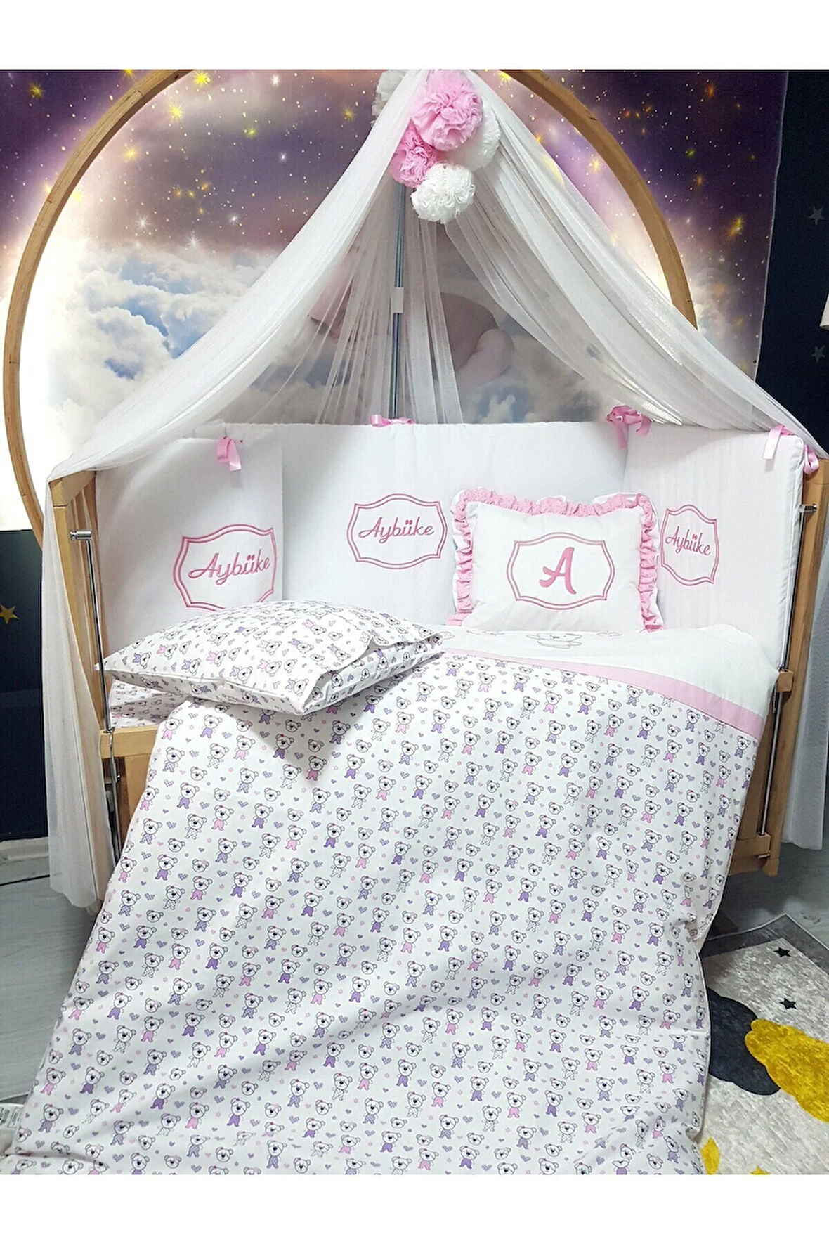 Elit Serisi 60x120 Bebek Uyku Seti Pamuklu - Pembe Ayıcık, Lüks Cibinlikli ve İsim Nakışlı Kırlent