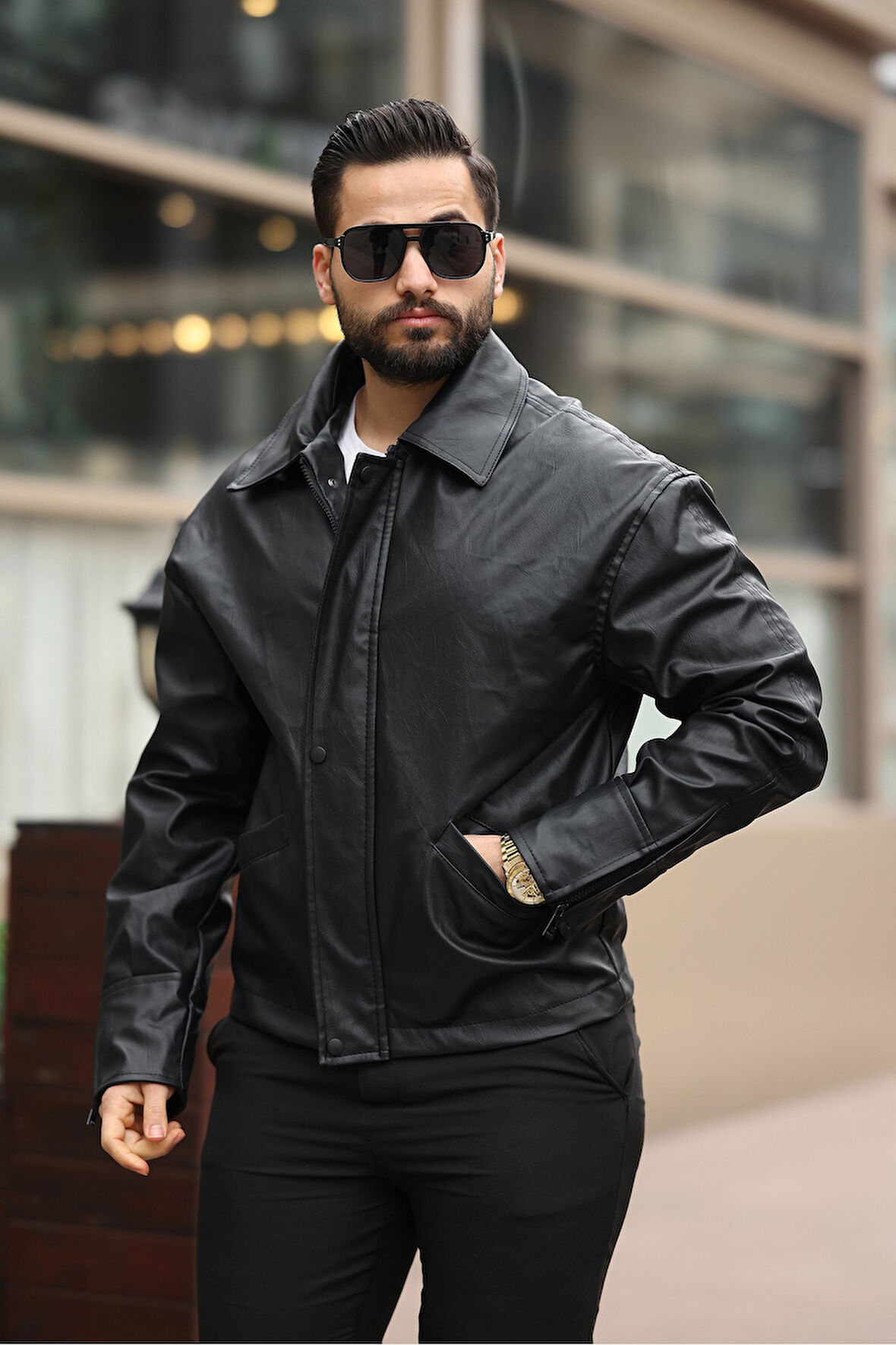 UNİSEX VİNTAGE CEP DETAYLI POLO YAKALI DERİ CEKET