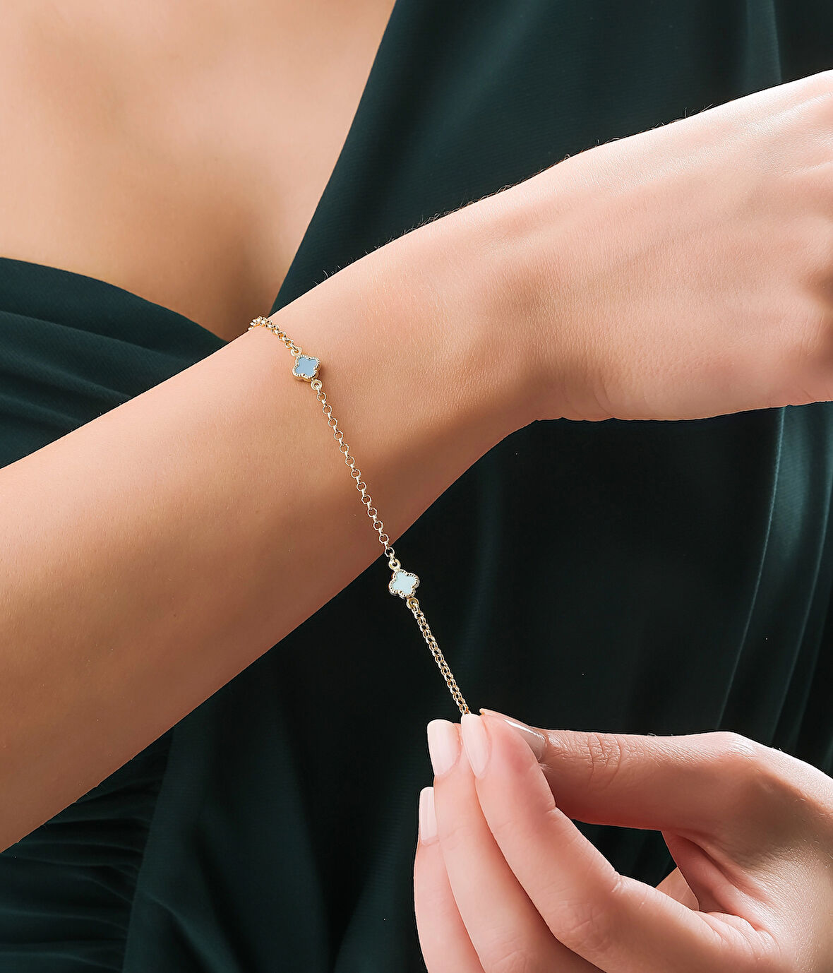  14 Ayar Altın Yonca Model Bileklik (Turkuaz Yonca)