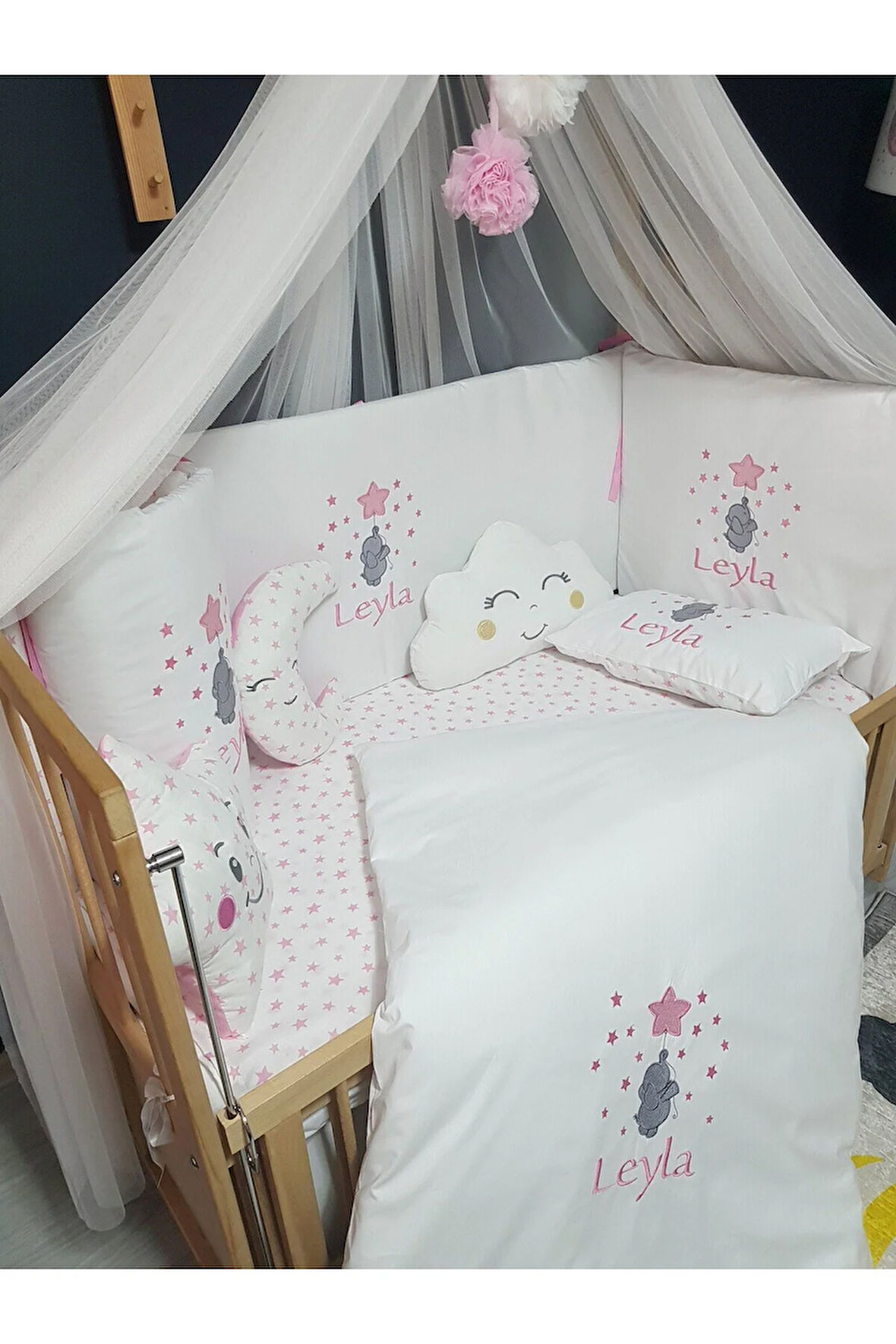 Nakışlı Bebek Uyku Seti 60x120 - Aparatlı Lüks Cibinlikli