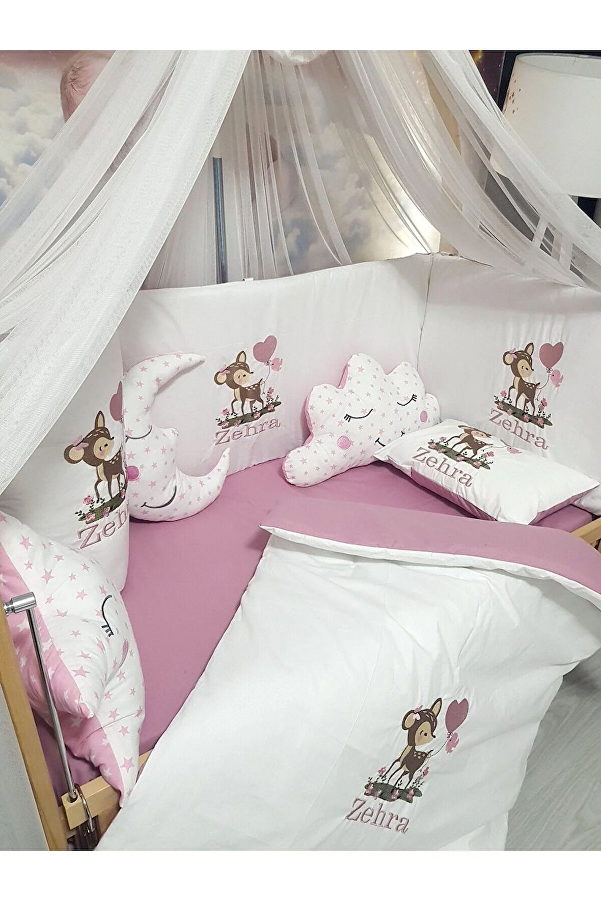 60x120 Lüks Cibinlikli Bebek Uyku Seti 17 Parça Bebeğinize Özel İsimli Nakışlı