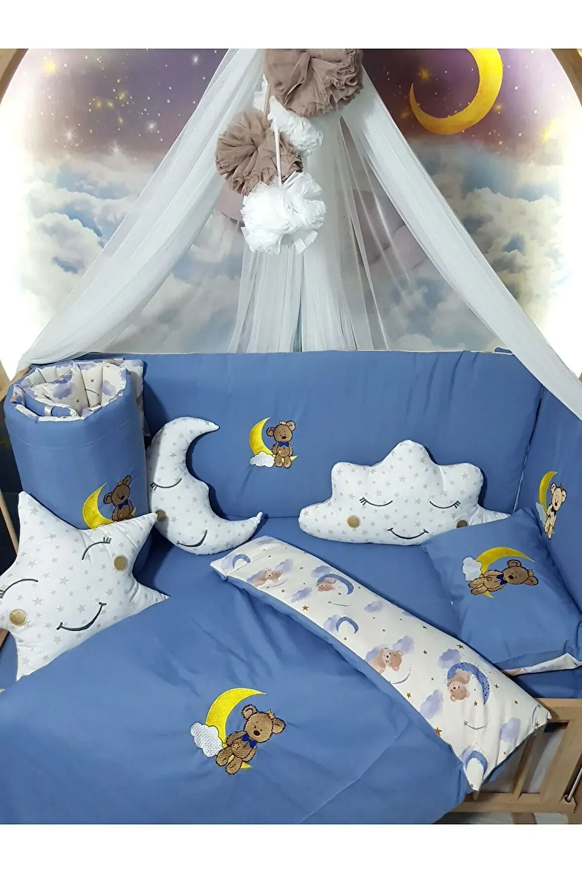 60x120 Nakışlı Bebek Uyku Seti İsimli - Lüks Cibinlik Ve Aparat - Ayda Oturan Ayıcık Motifli