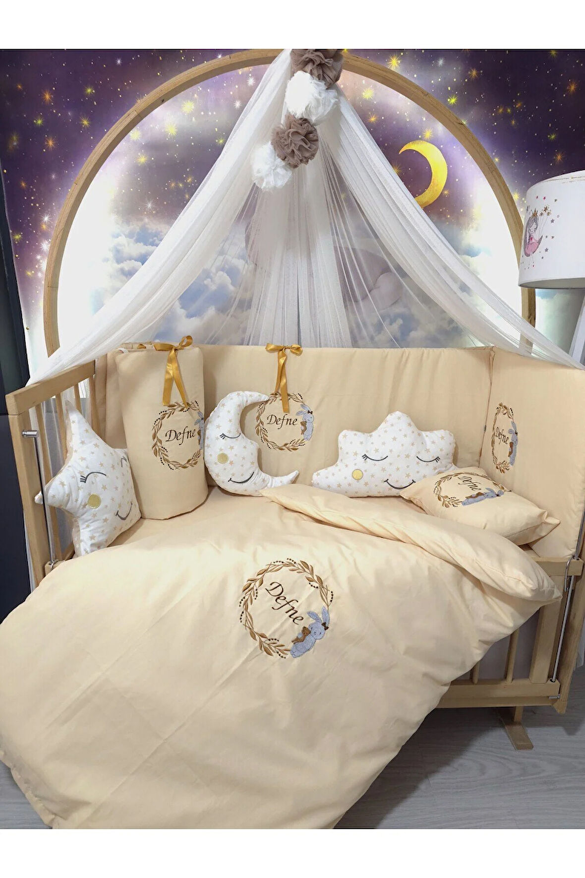 60x120 Nakışlı İsimli Bebek Uyku Seti 17 Parça - Lüks Cibinlik Ve Aparat - Tavşan