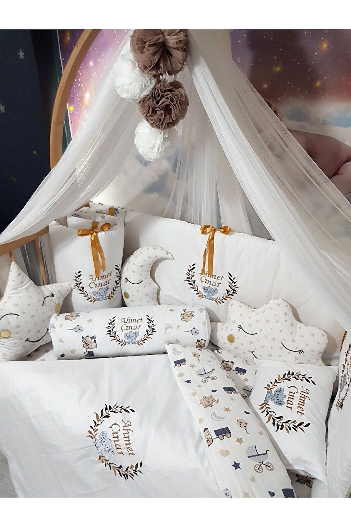 60x120 Nakışlı Bebek Uyku Seti İsimli - Lüks Cibinlik Ve Aparat (SOSİS YASTIK HARİÇTİR.)