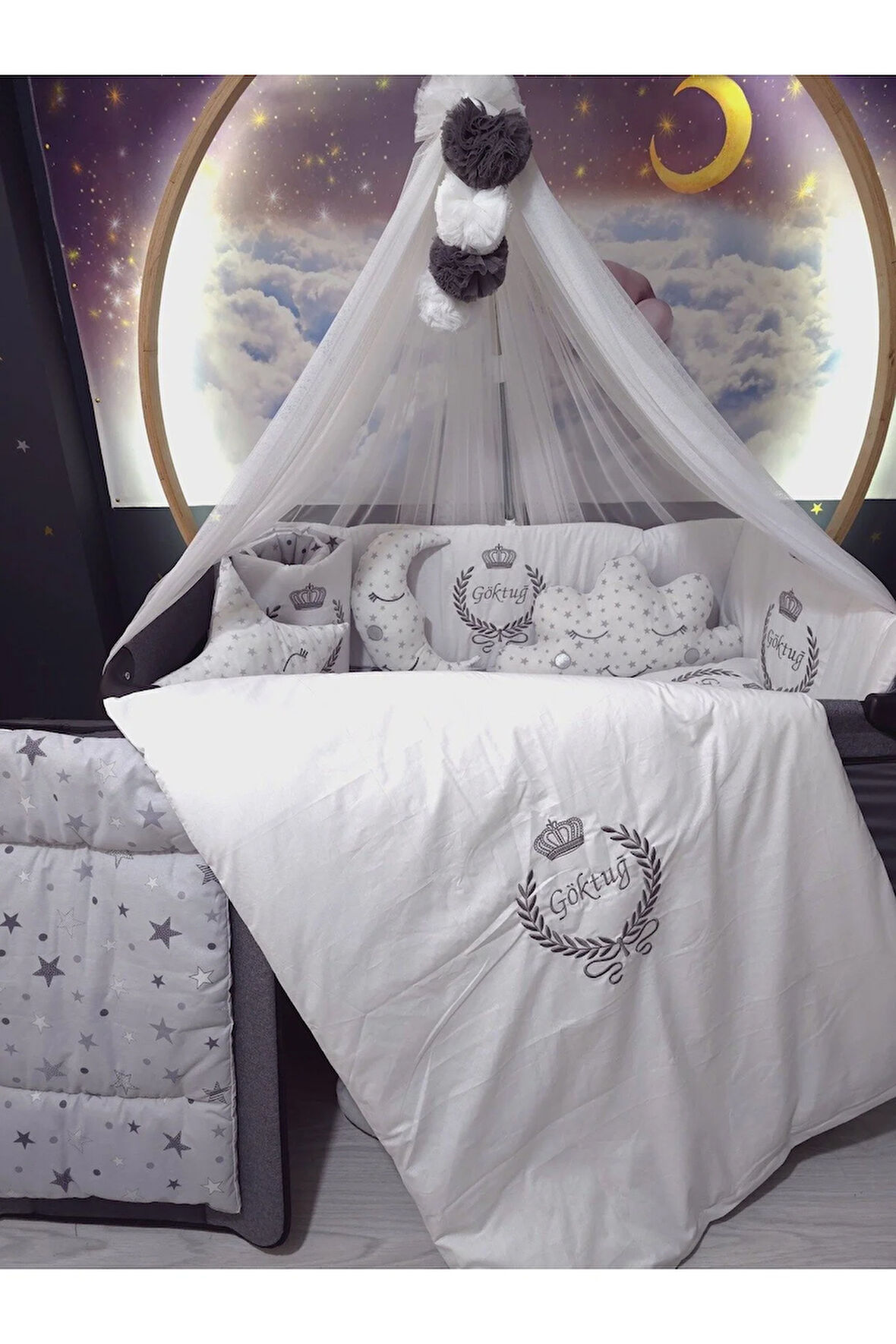 70x110 Nakışlı İsimli Bebek Uyku Seti 18 Parça - Lüks Cibinlik Ve Aparat - Başak Taç