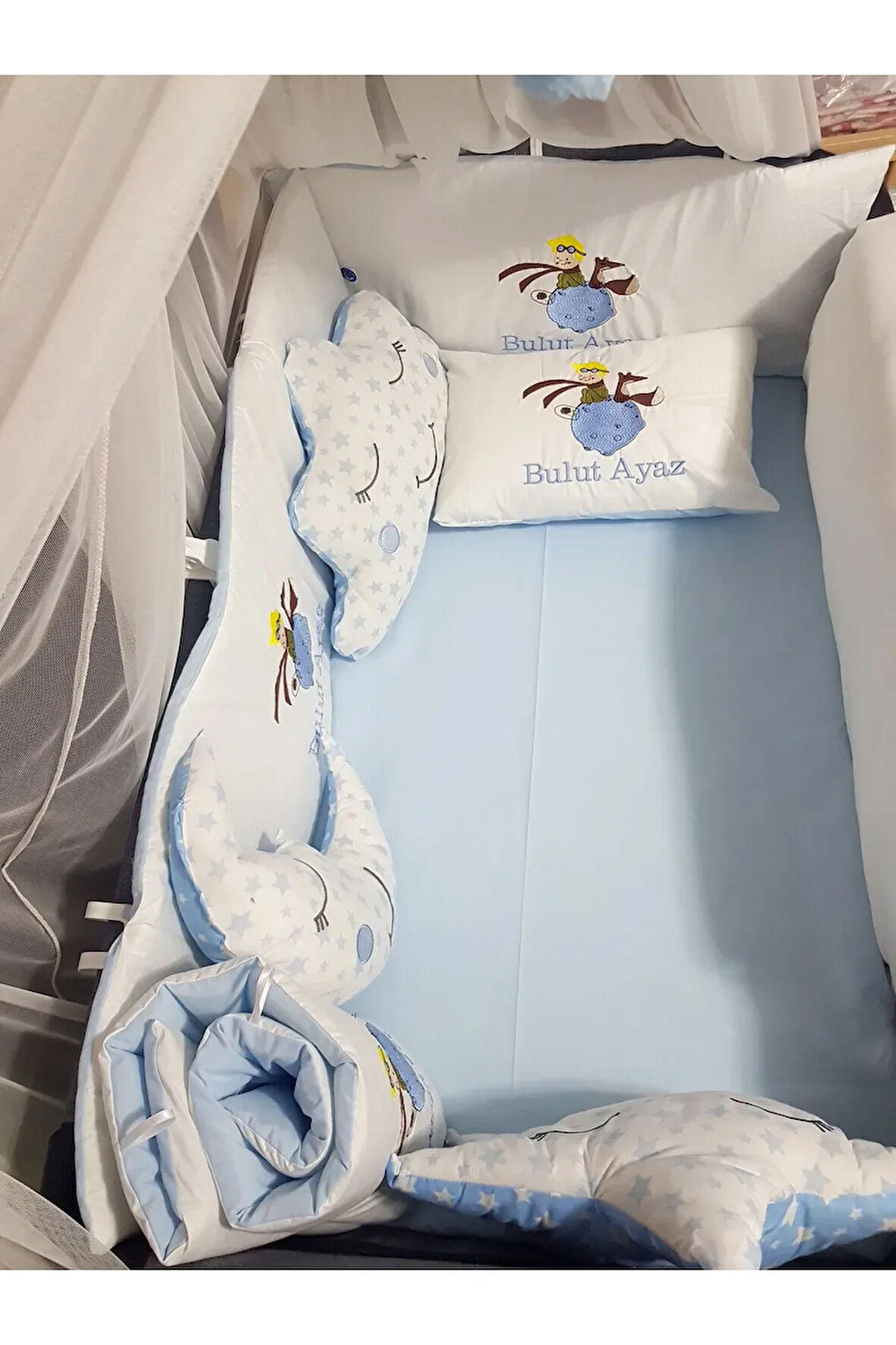 70x110 Kişiye Özel Nakışlı Bebek Uyku Seti 18 Parça Lüks Cibinlik & Aparatlı