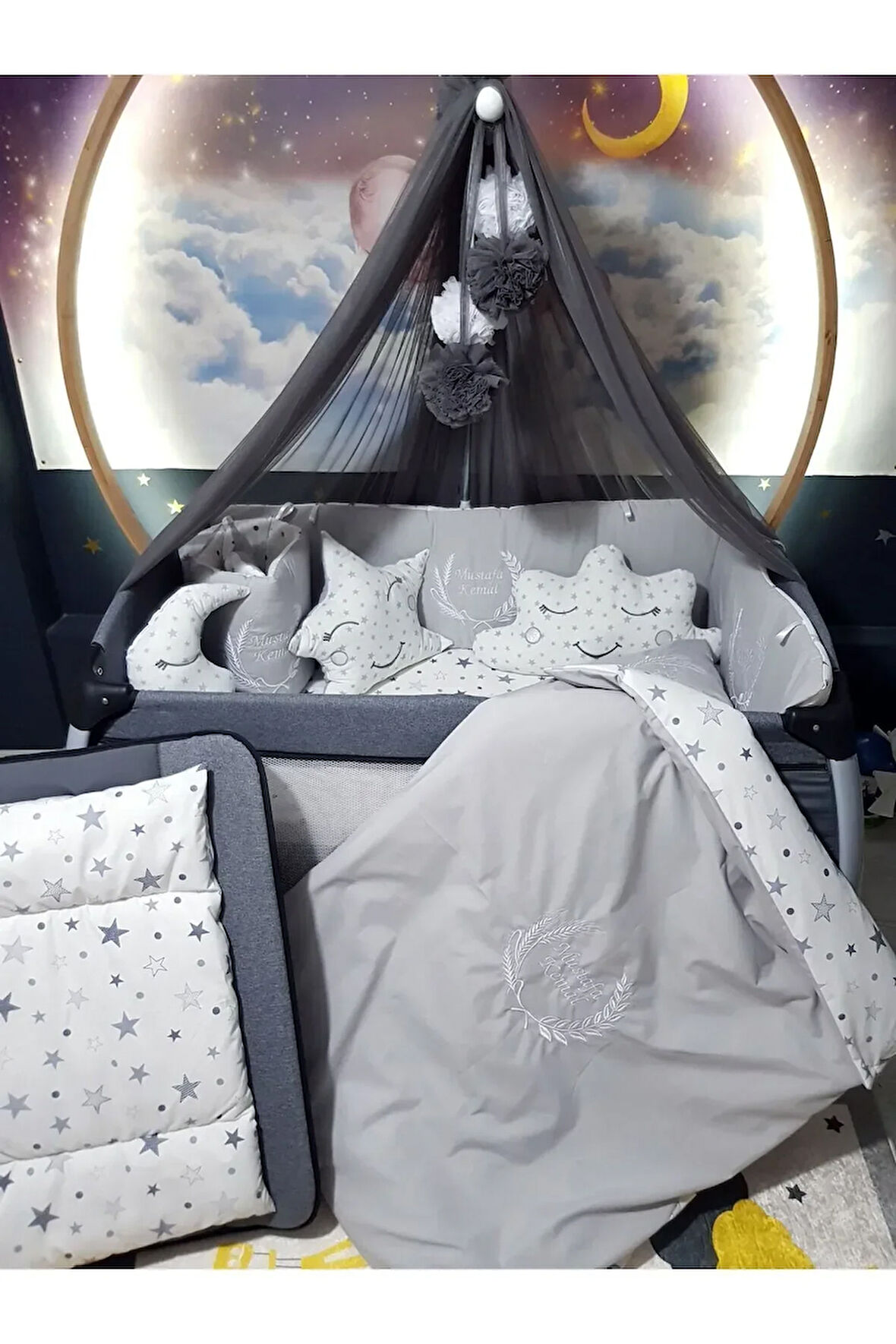 70x120 Nakışlı Bebek Uyku Seti İsimli - Lüks Cibinlik Ve Aparat - Başak Buğday Motifi