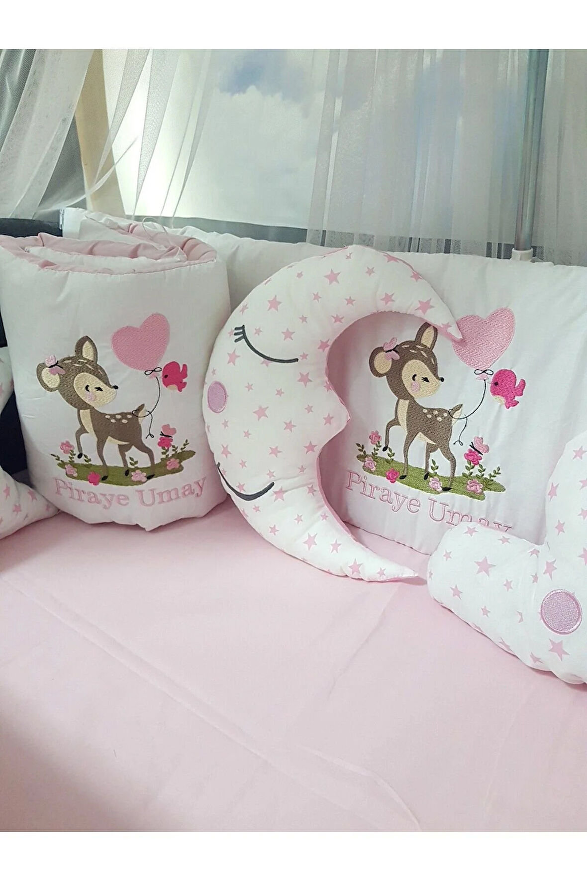 70x120 Ceylan Nakışlı Bebek Uyku Seti İsimli 18 Parça Lüks Cibinlik ve Aparat Seti