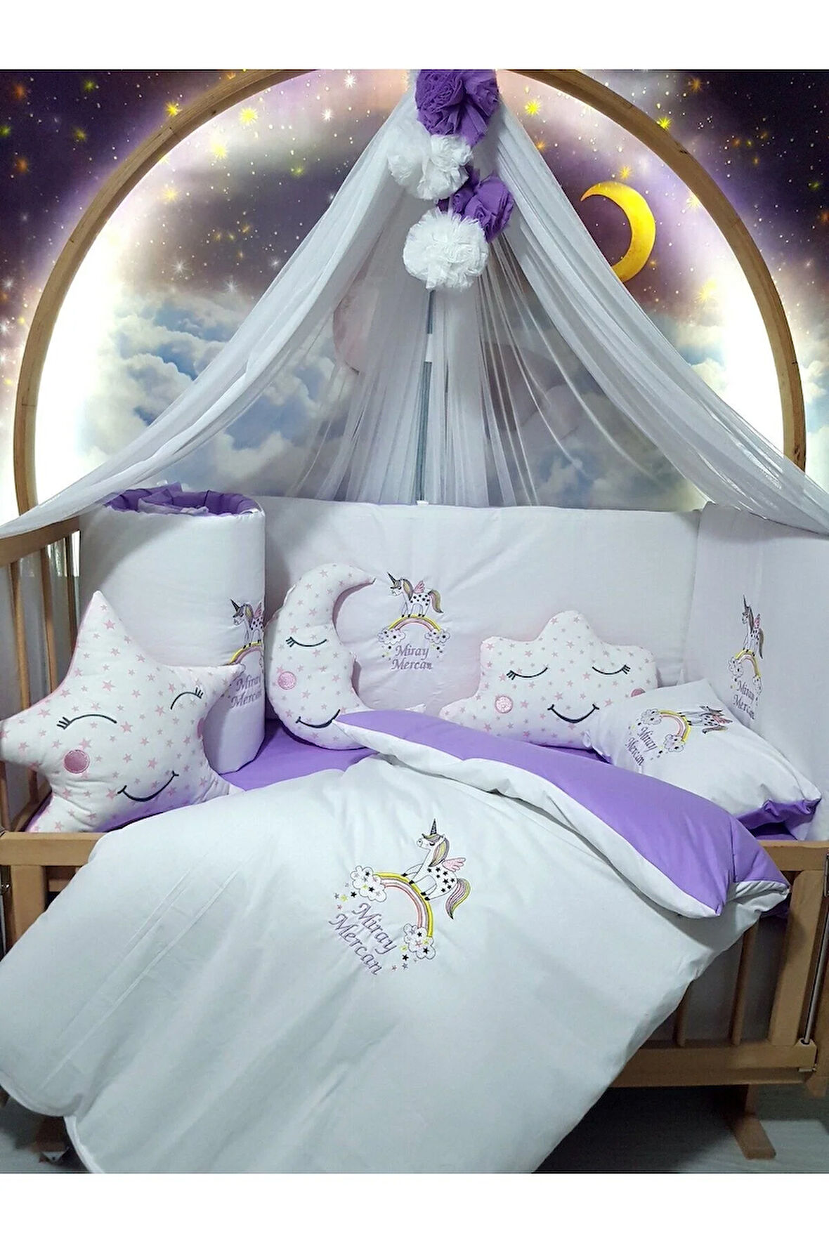 70x130 Nakışlı Bebek Uyku Seti İsimli - Lüks Cibinlik Ve Aparat - Unicorn Gökkuşağı Motifi