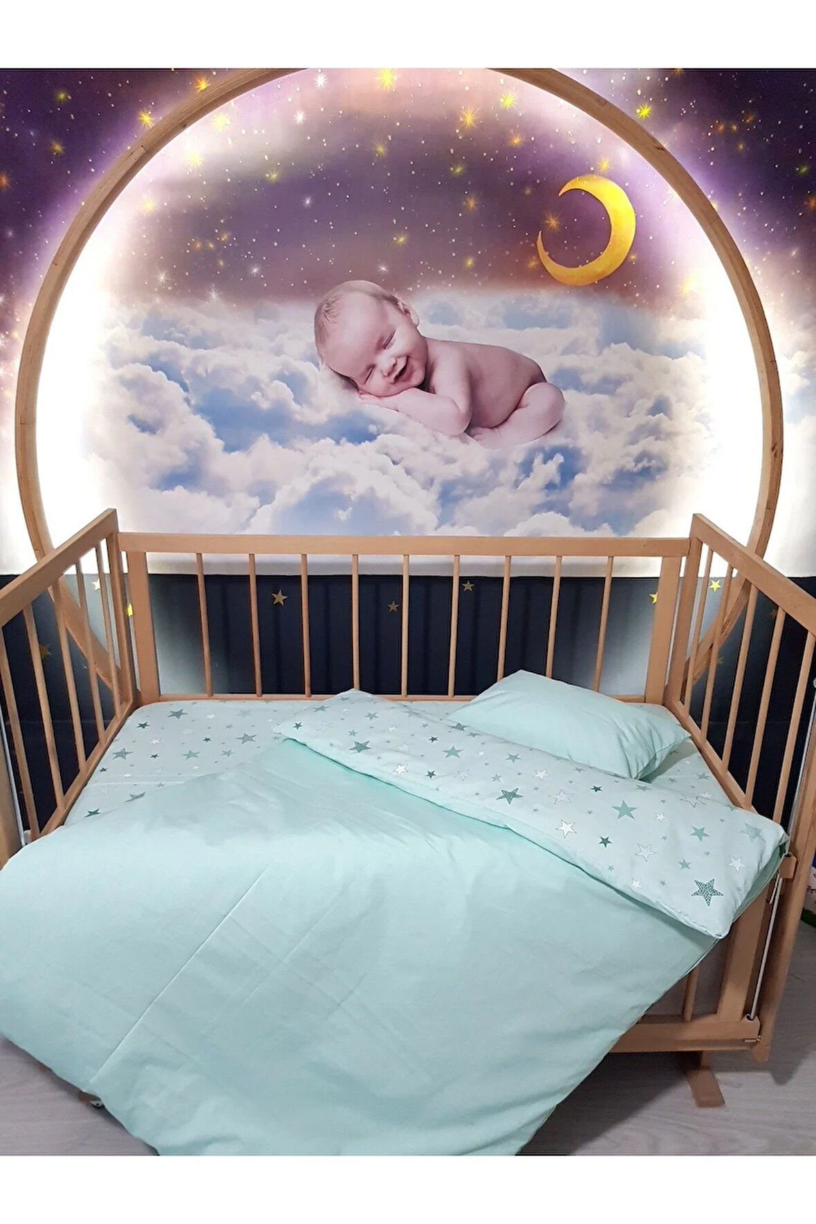 90x130 Bebek Uyku Seti 5'li - Yeşil Yıldız Desenli (TÜM ÖLÇÜLERE UYGUN)