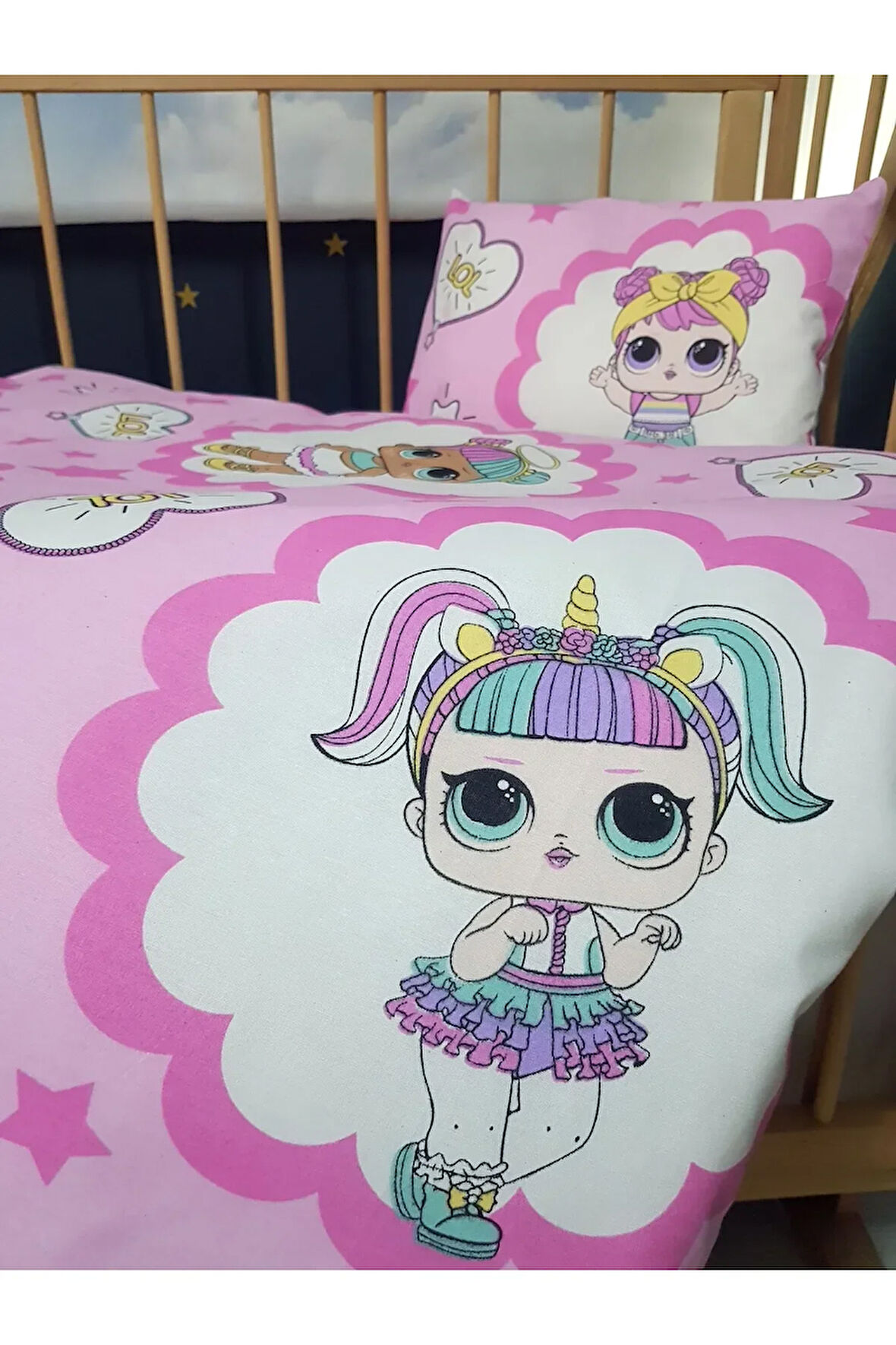 5 Parça 90x130 Bebek Uyku Seti - Yorgan Yastık Çarşaf Takımı - Sevimli Kız Karakterli