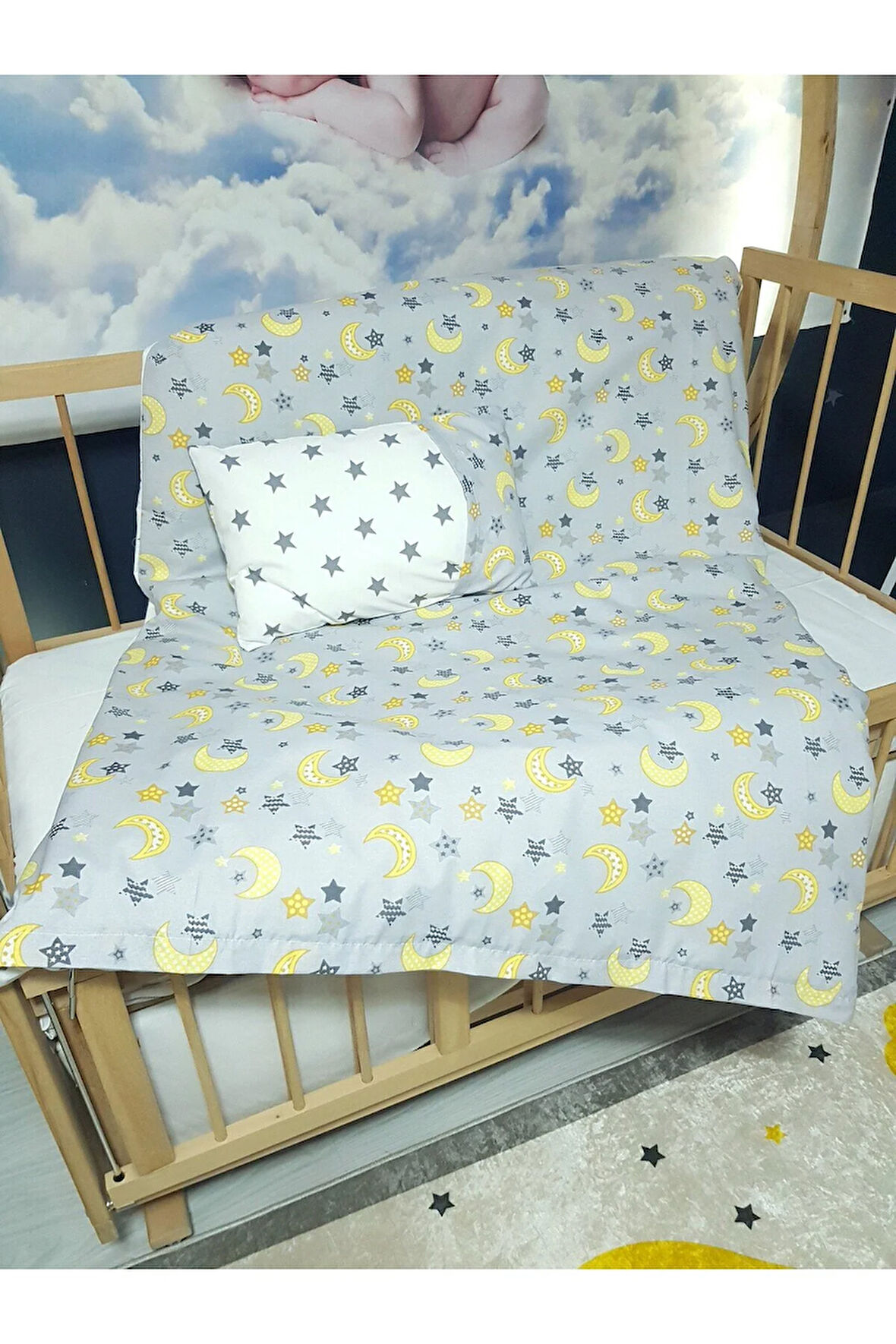 5 Parça 90x130 Bebek Uyku Seti - Yorgan Yastık Çarşaf Takımı - Ay Yıldız Desen Gri